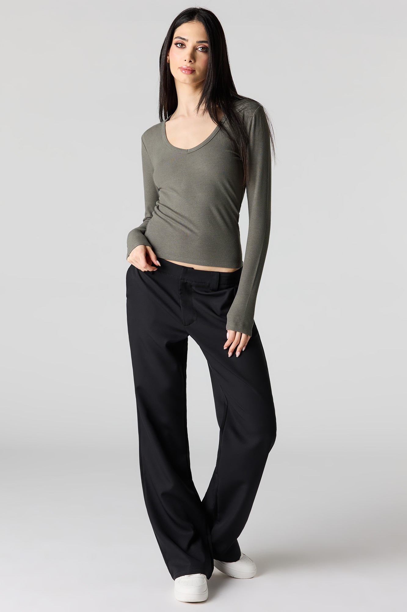 Ribbed Scoop Neck Long Sleeve Top