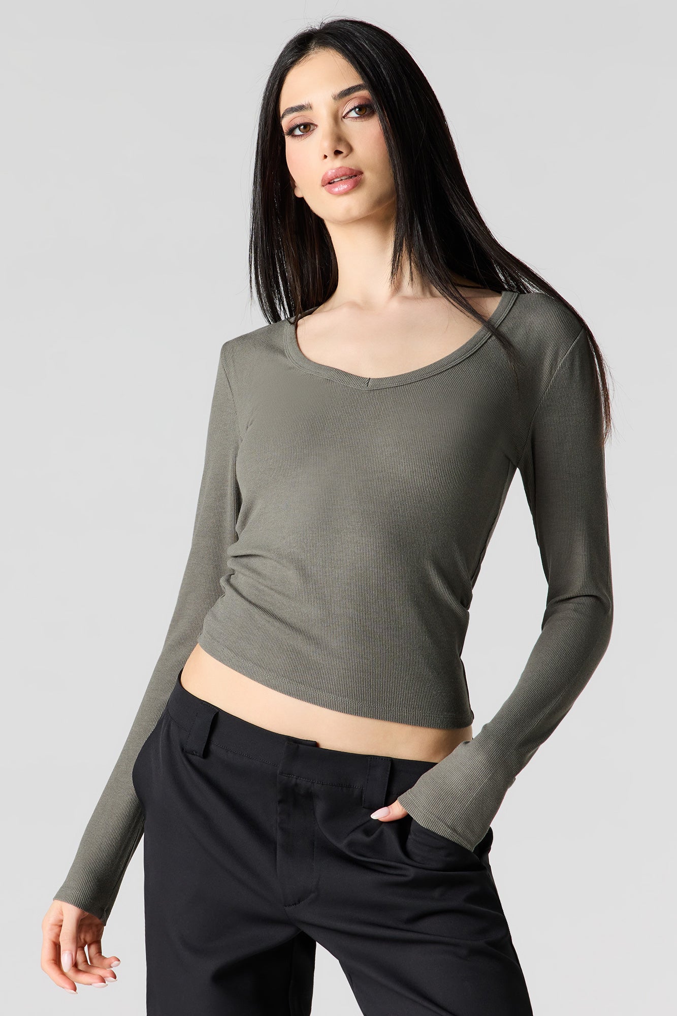 Ribbed Scoop Neck Long Sleeve Top