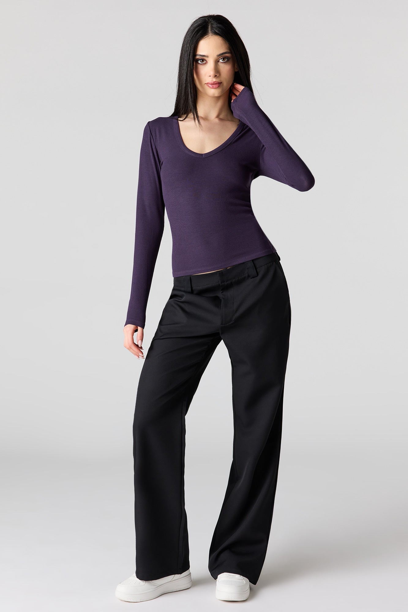 Ribbed Scoop Neck Long Sleeve Top