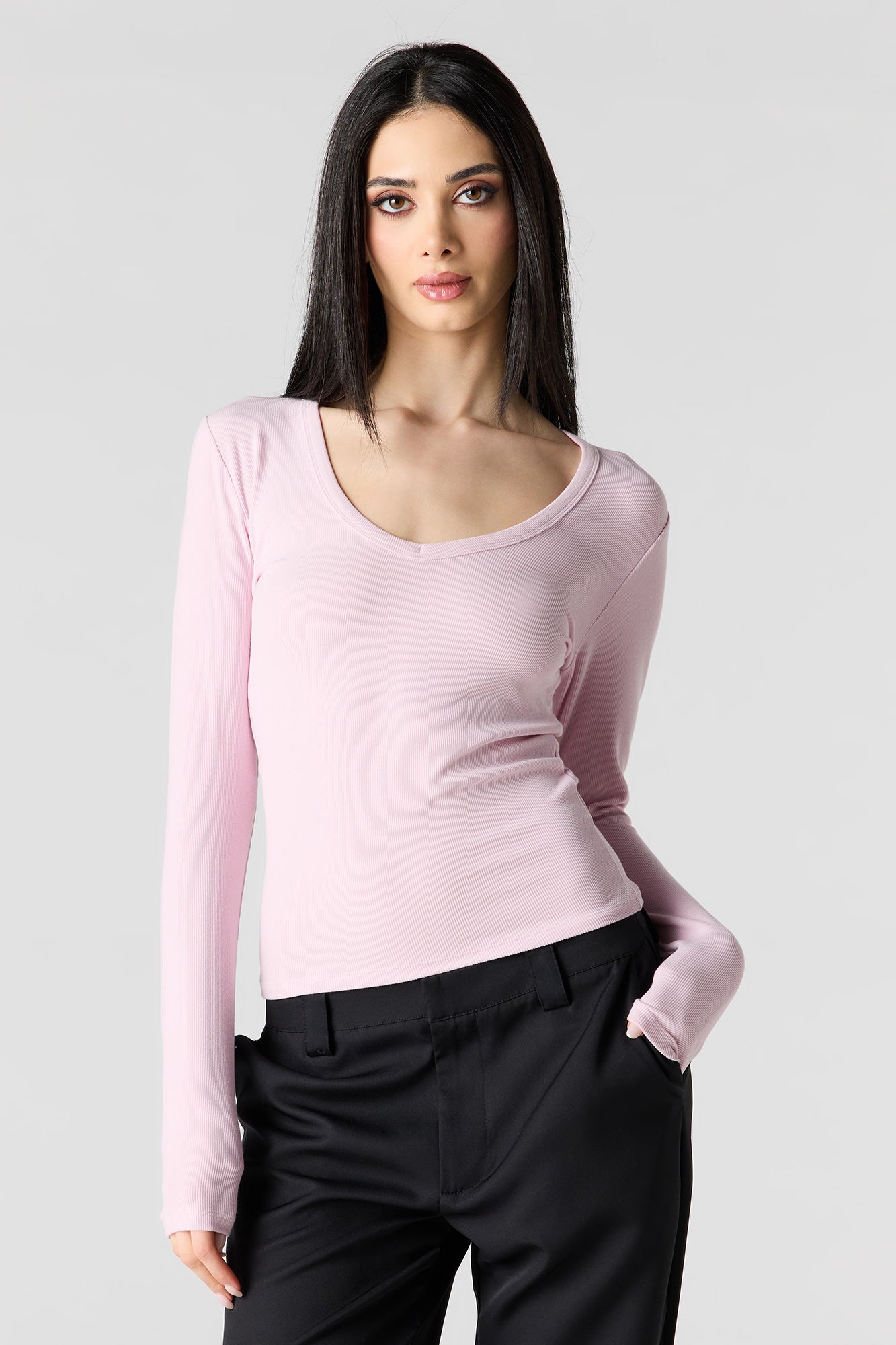 Ribbed Scoop Neck Long Sleeve Top