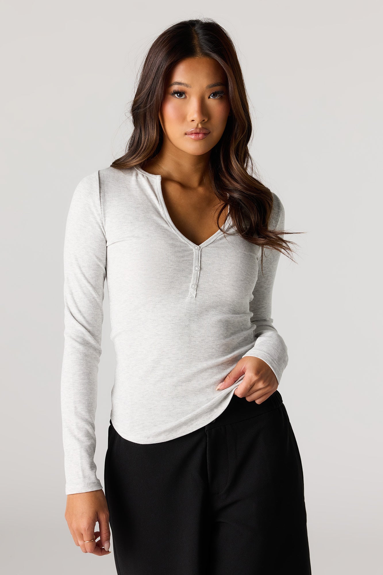 Ribbed Henley Long Sleeve Top