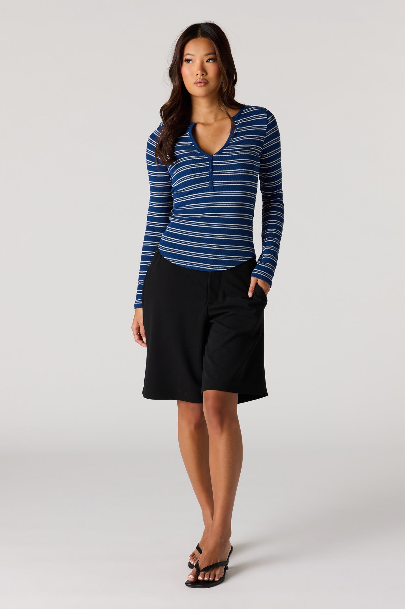 Ribbed Henley Long Sleeve Top
