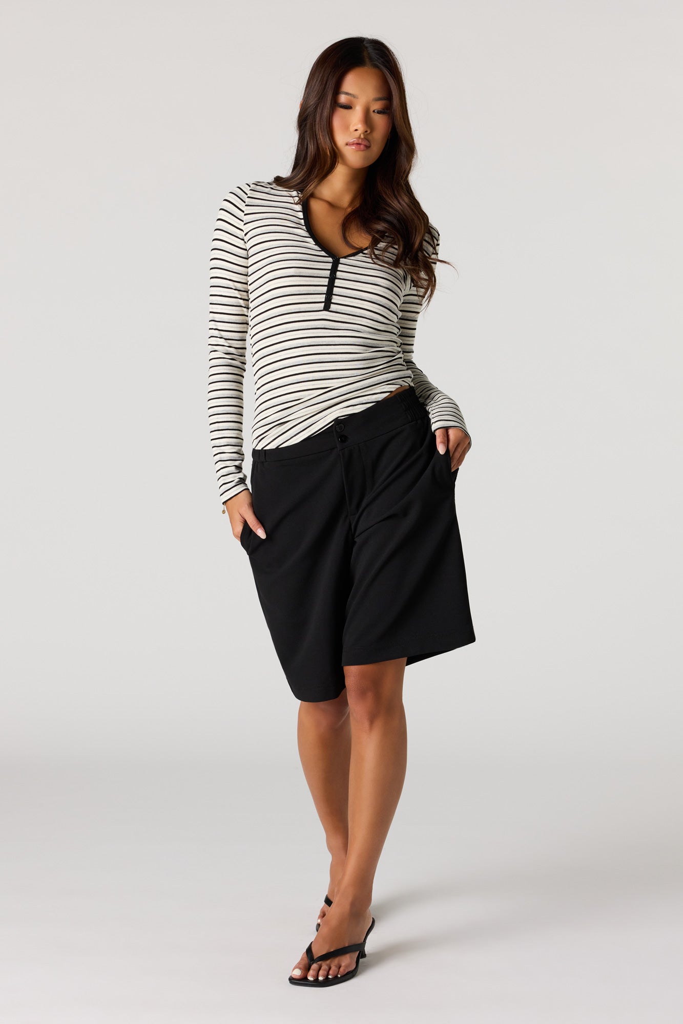 Ribbed Henley Long Sleeve Top