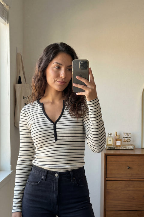 Ribbed Henley Long Sleeve Top