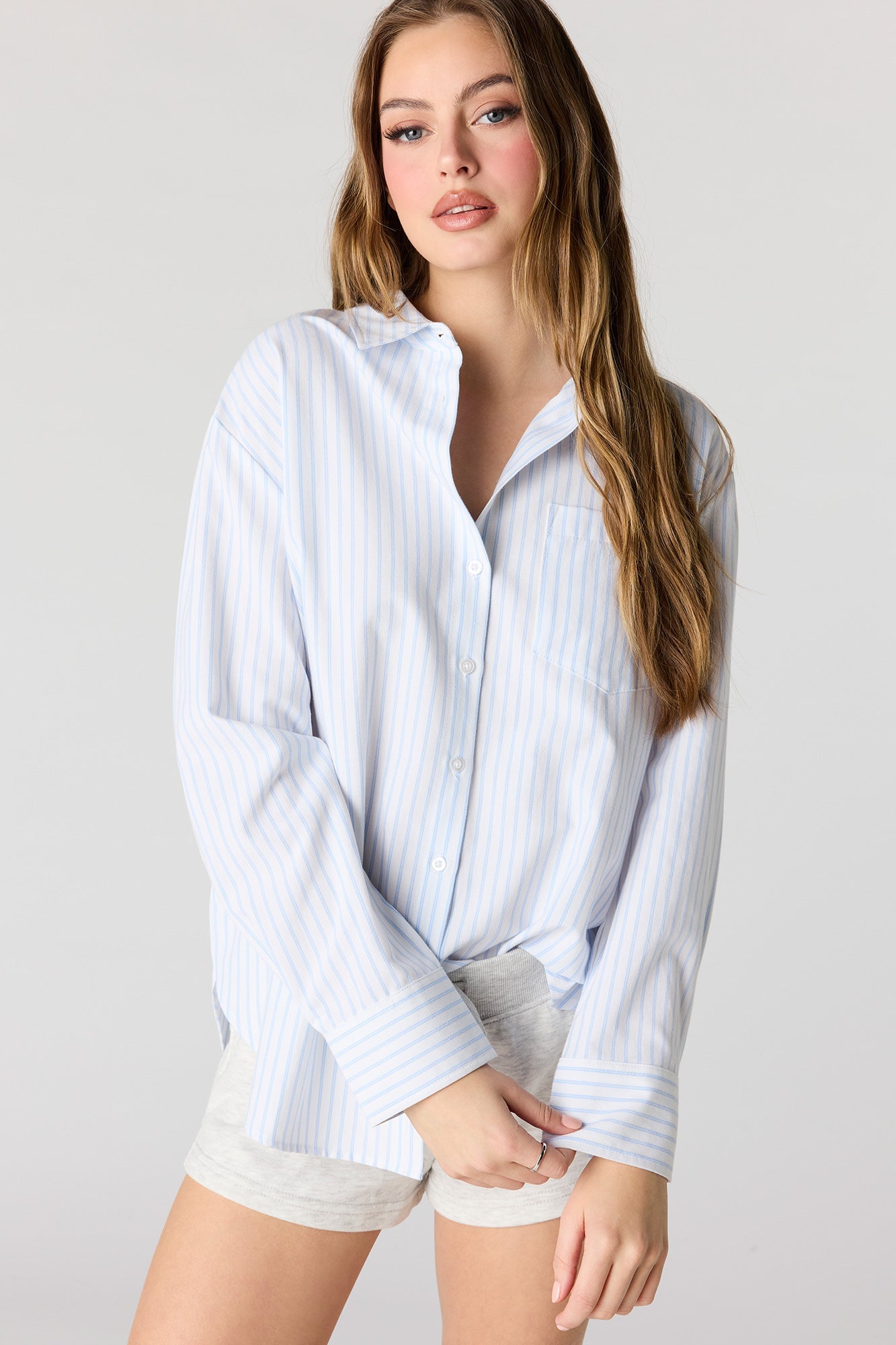 Oversized Button-Up Collared Long Sleeve Top