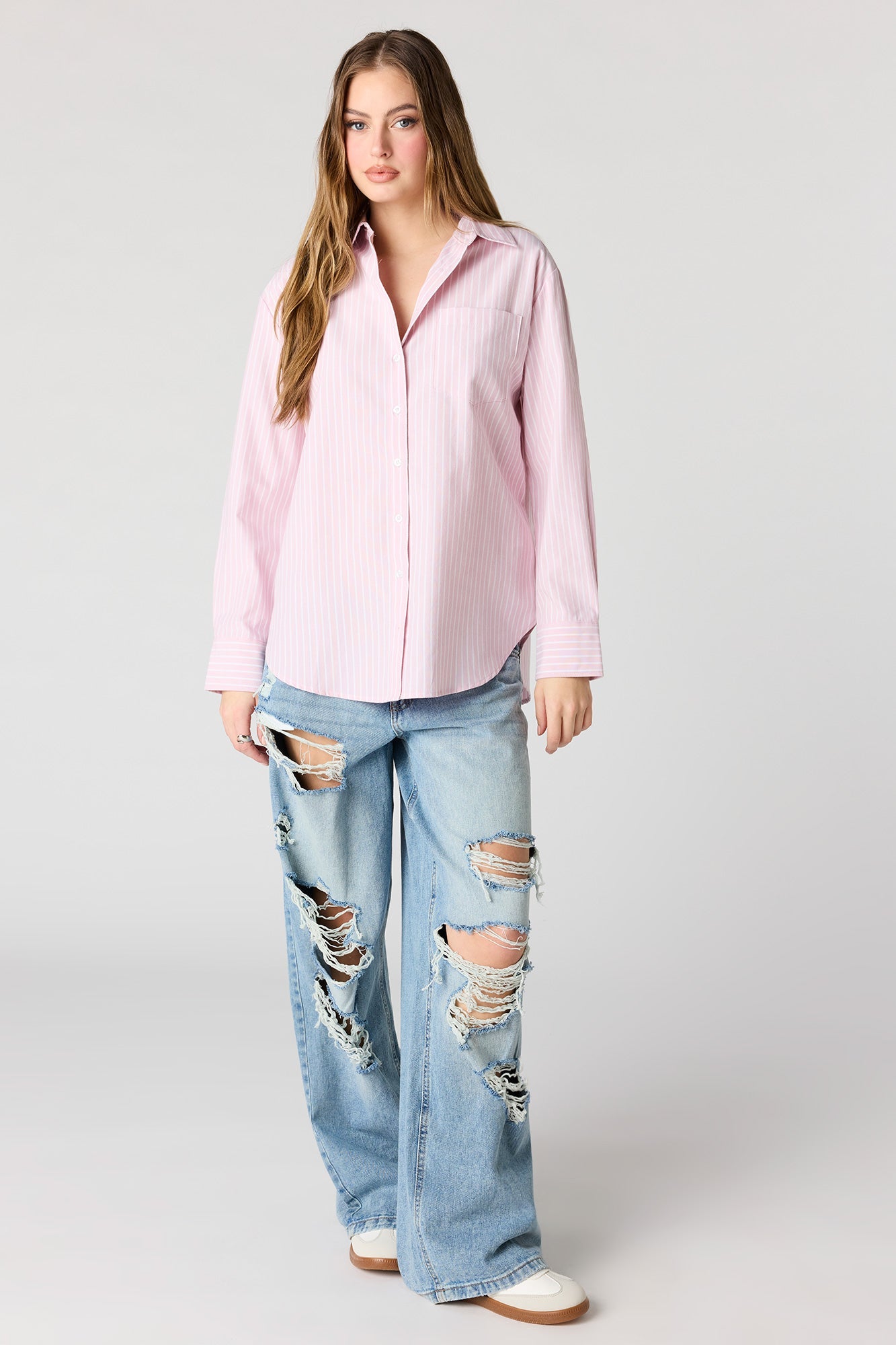 Oversized Button-Up Collared Long Sleeve Top