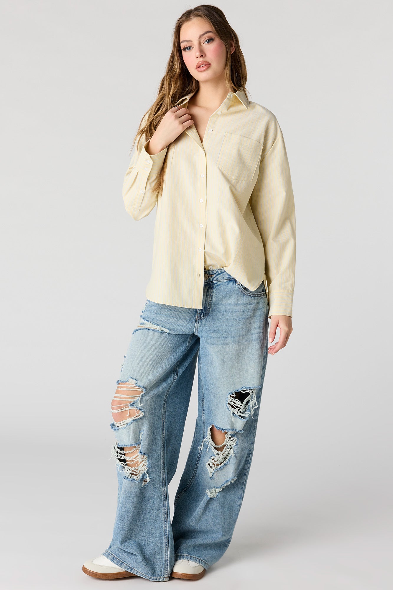 Oversized Button-Up Collared Long Sleeve Top