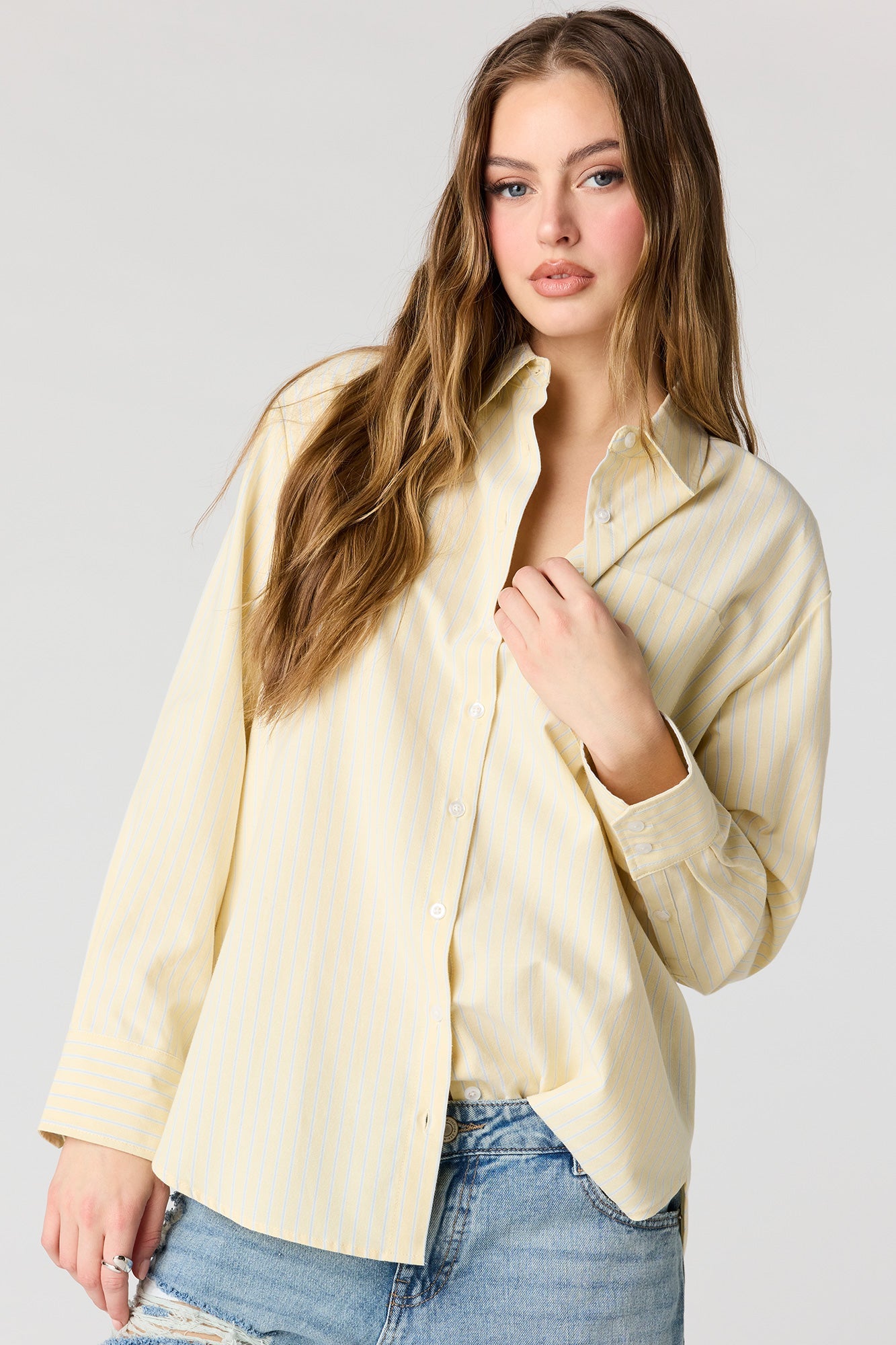 Oversized Button-Up Collared Long Sleeve Top