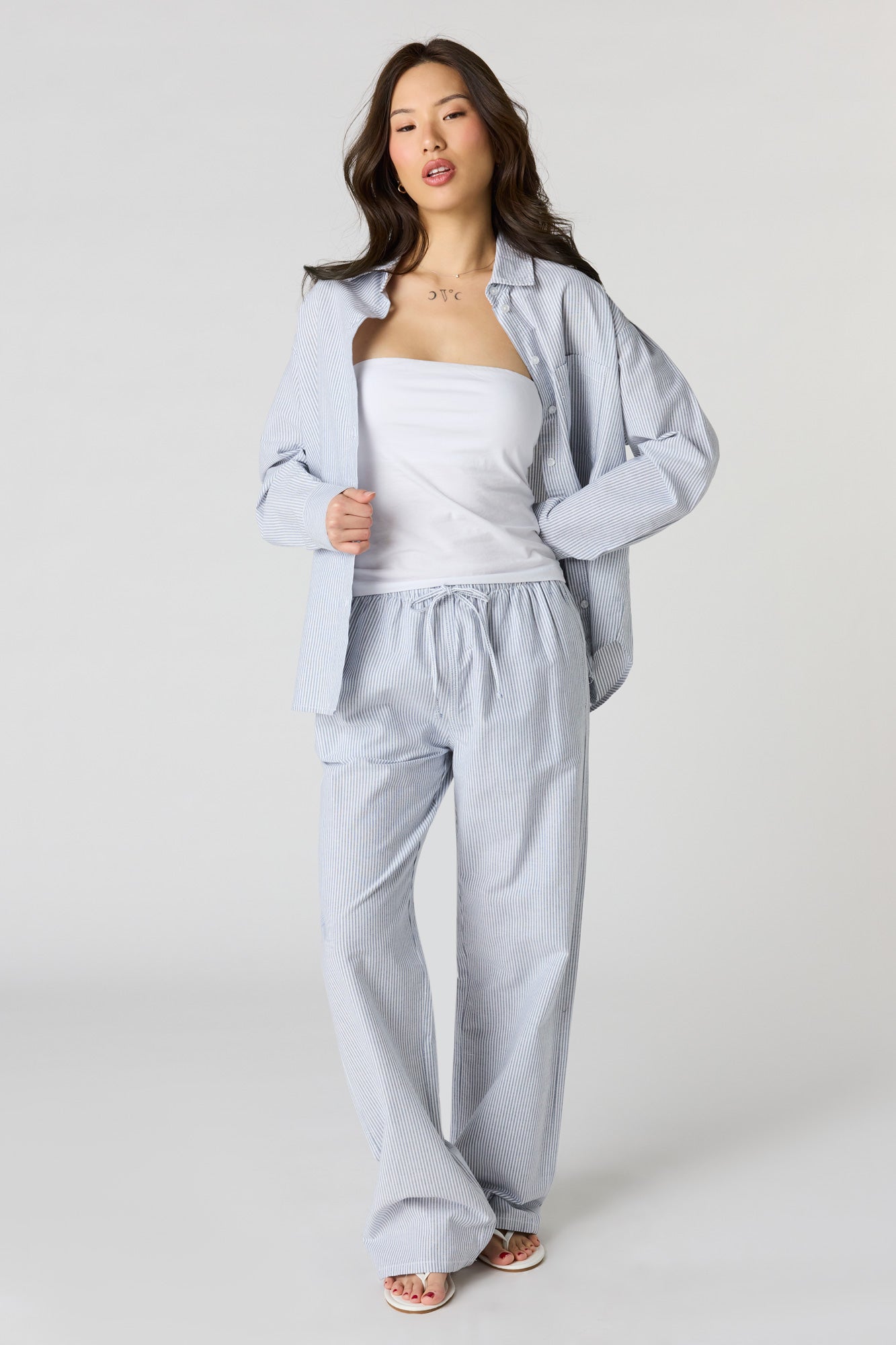 Oversized Pinstriped Button-Up Top