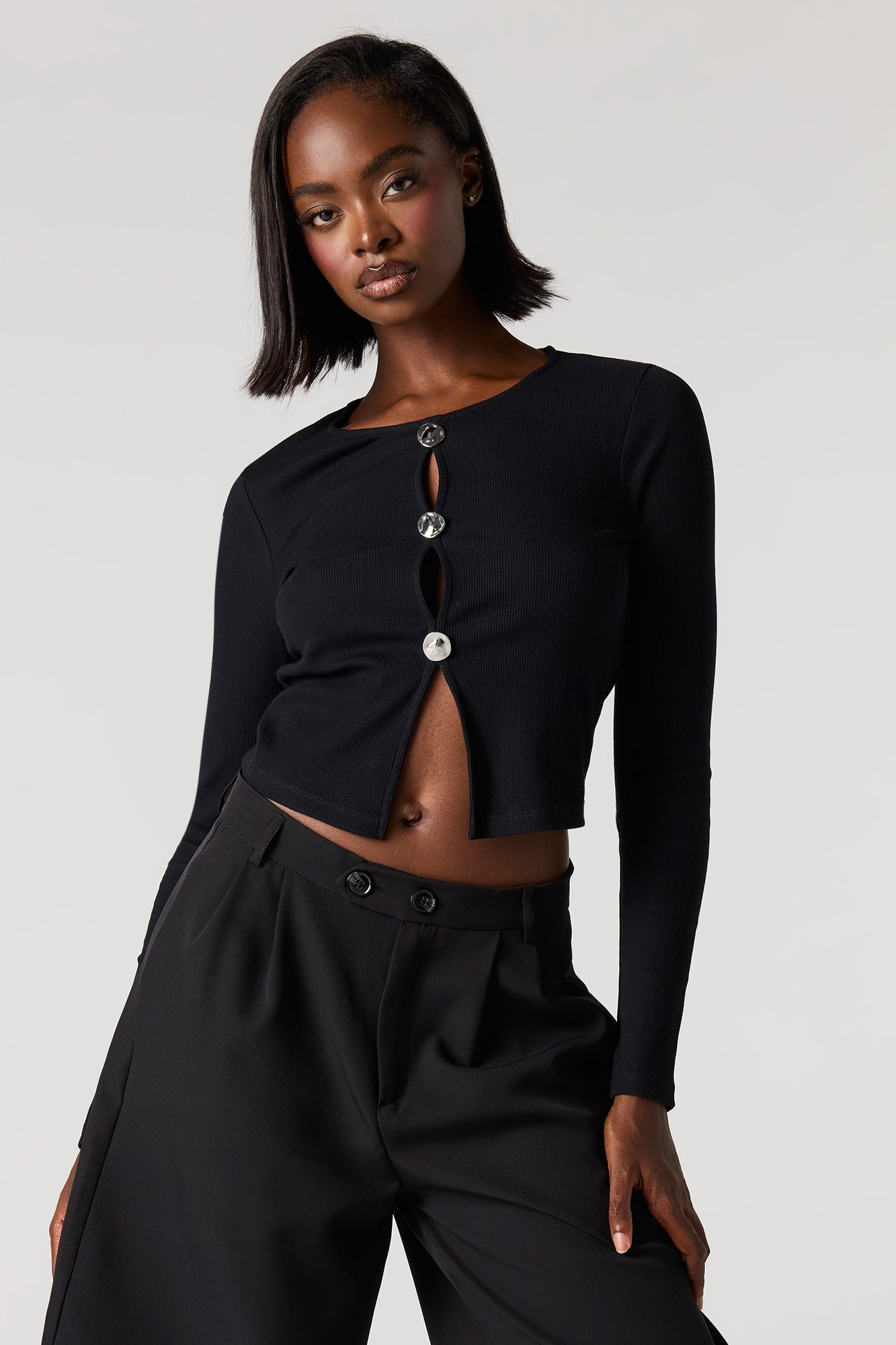 Ribbed Metal Button Long Sleeve Top