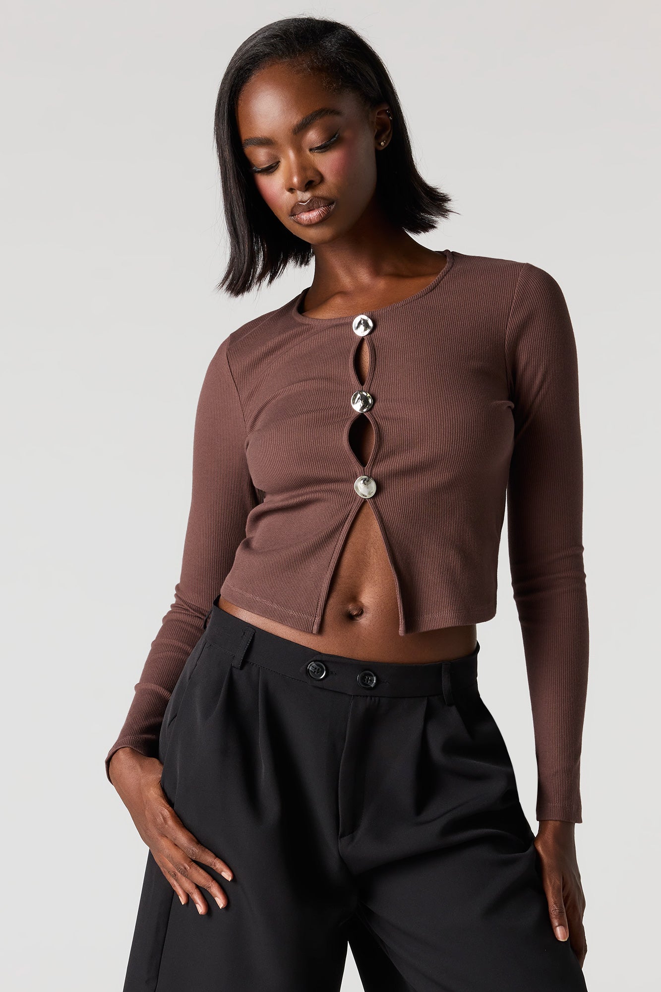 Ribbed Metal Button Long Sleeve Top