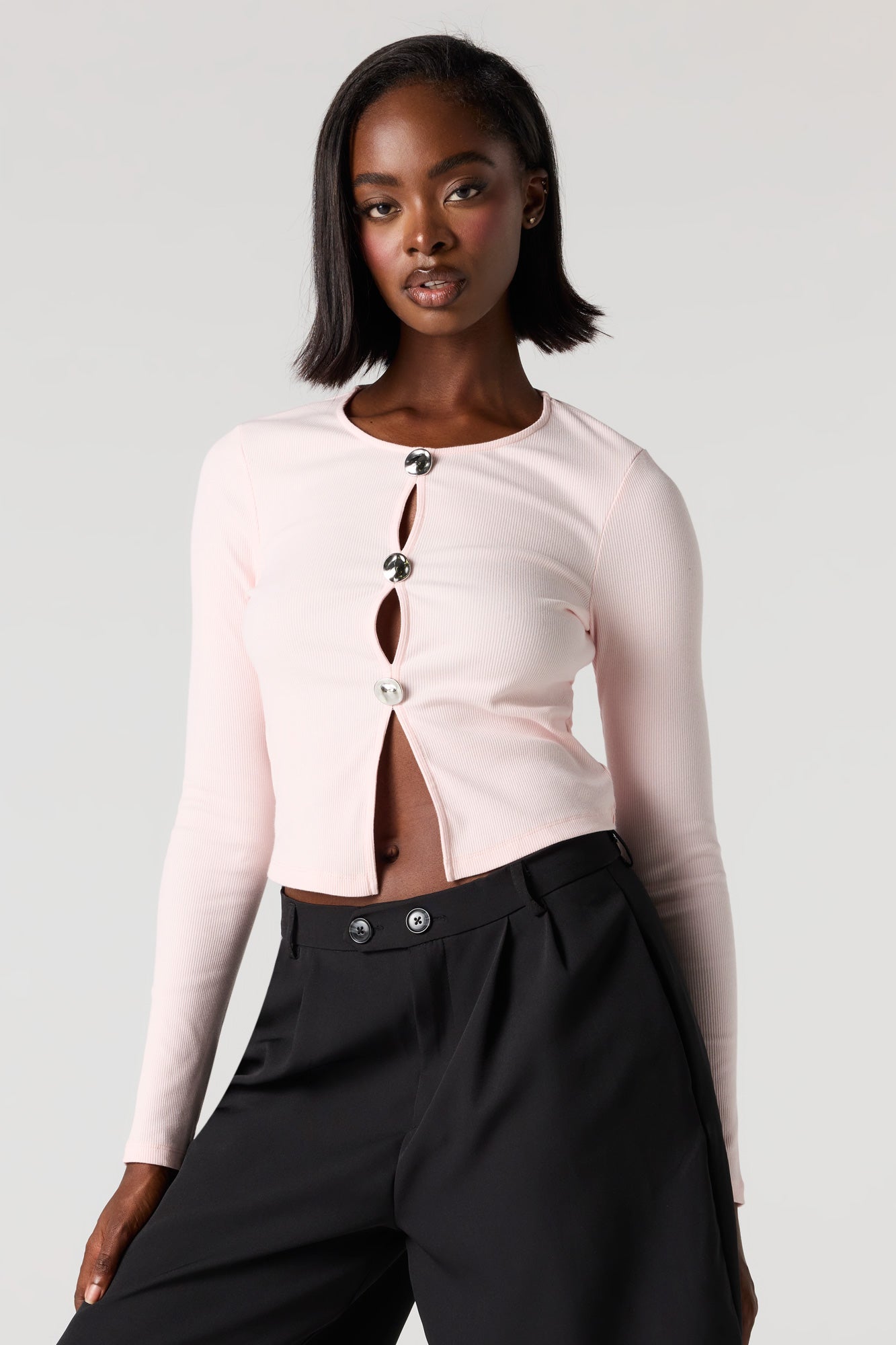 Ribbed Metal Button Long Sleeve Top