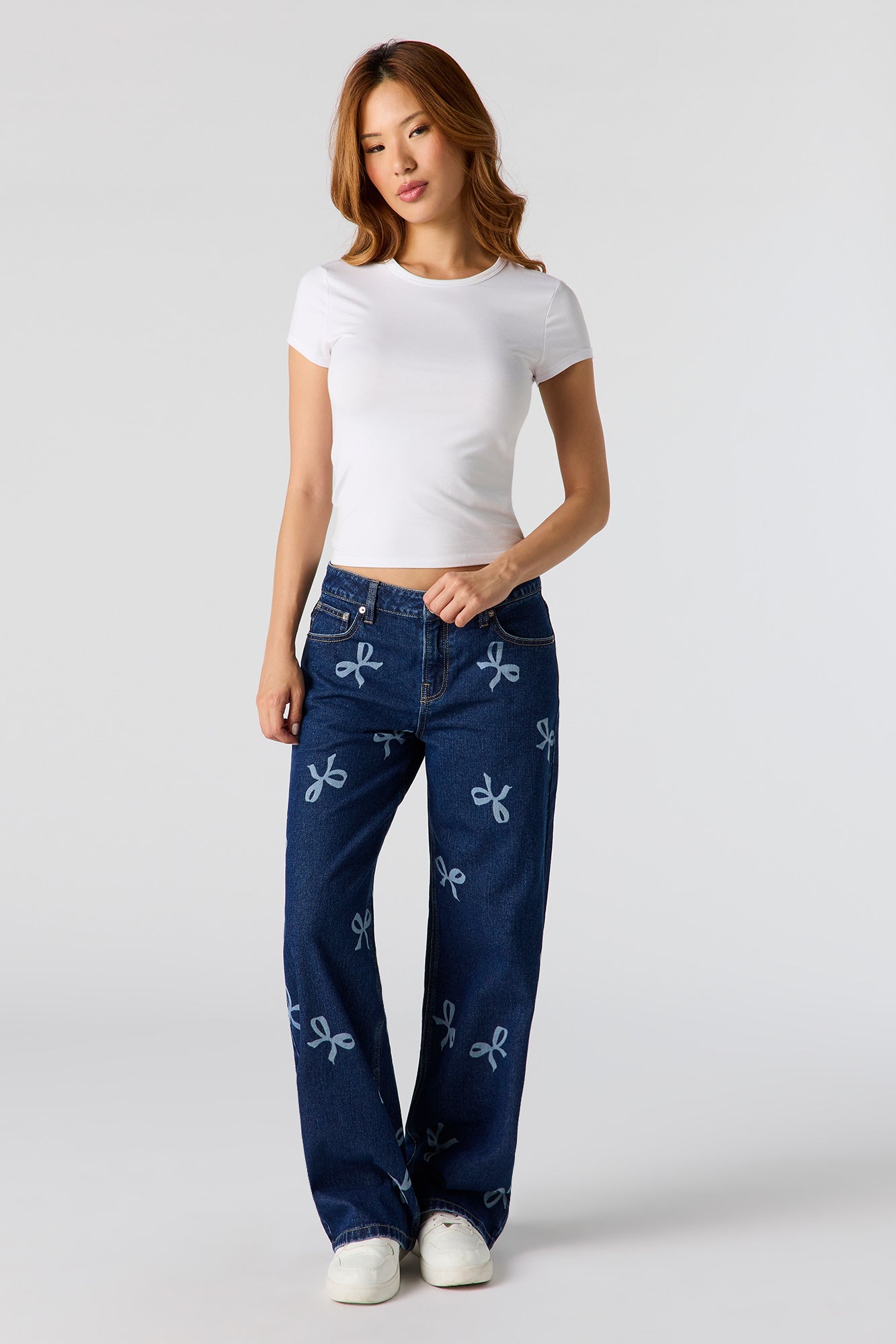 Low Rise Bow Print Baggy Jean