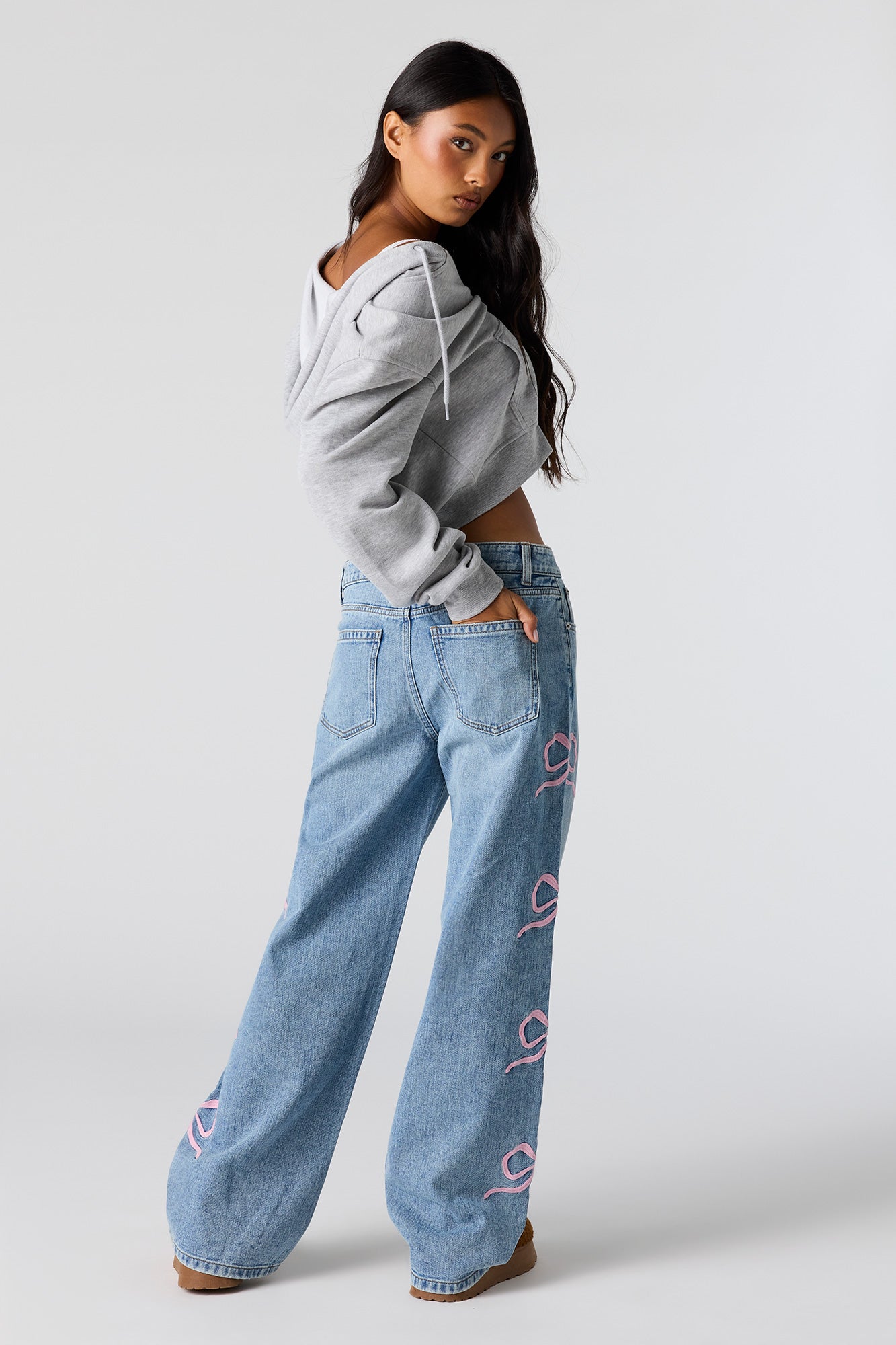 Low Rise Bow Print Baggy Jean