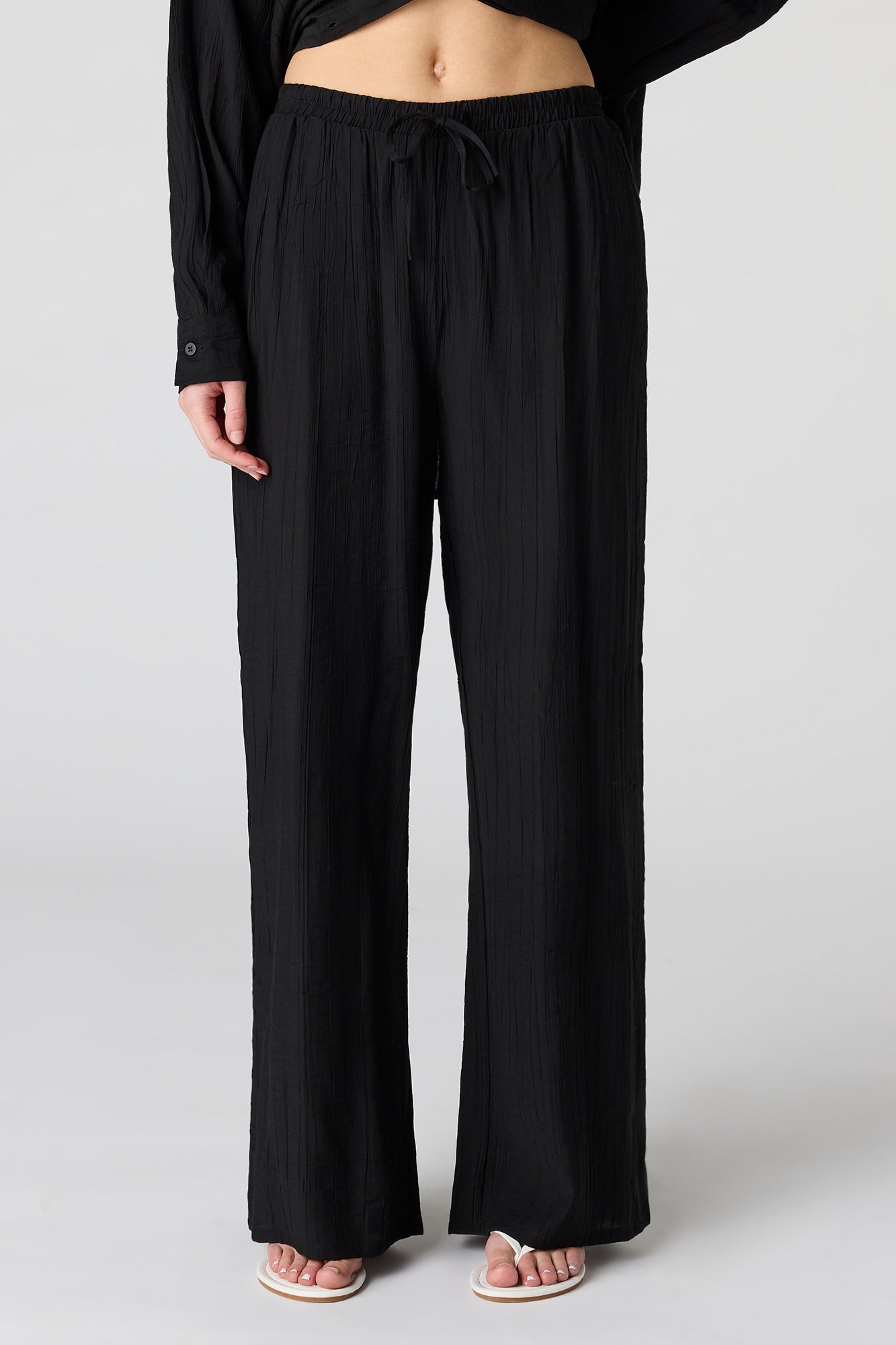Textured Drawstring Flowy Wide Leg Pant