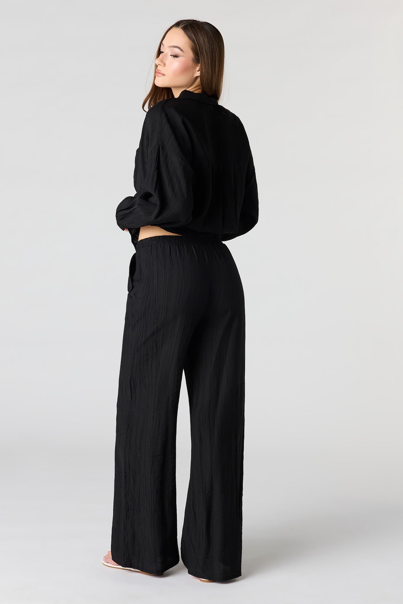 Textured Drawstring Flowy Wide Leg Pant