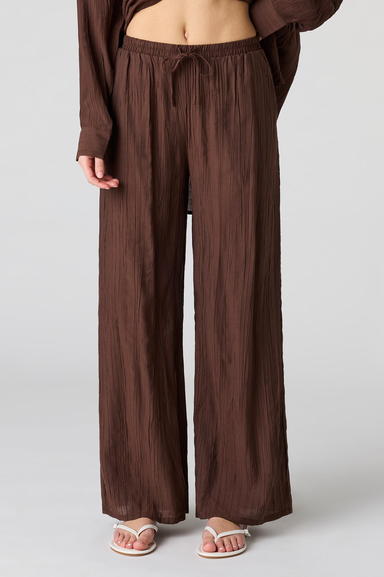 Textured Drawstring Flowy Wide Leg Pant