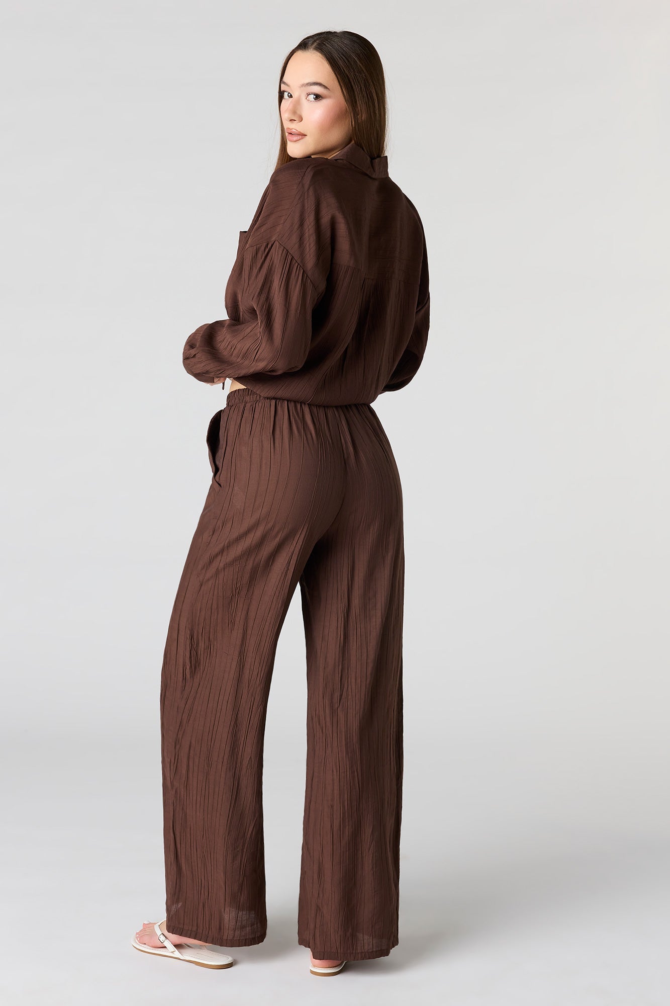 Textured Drawstring Flowy Wide Leg Pant