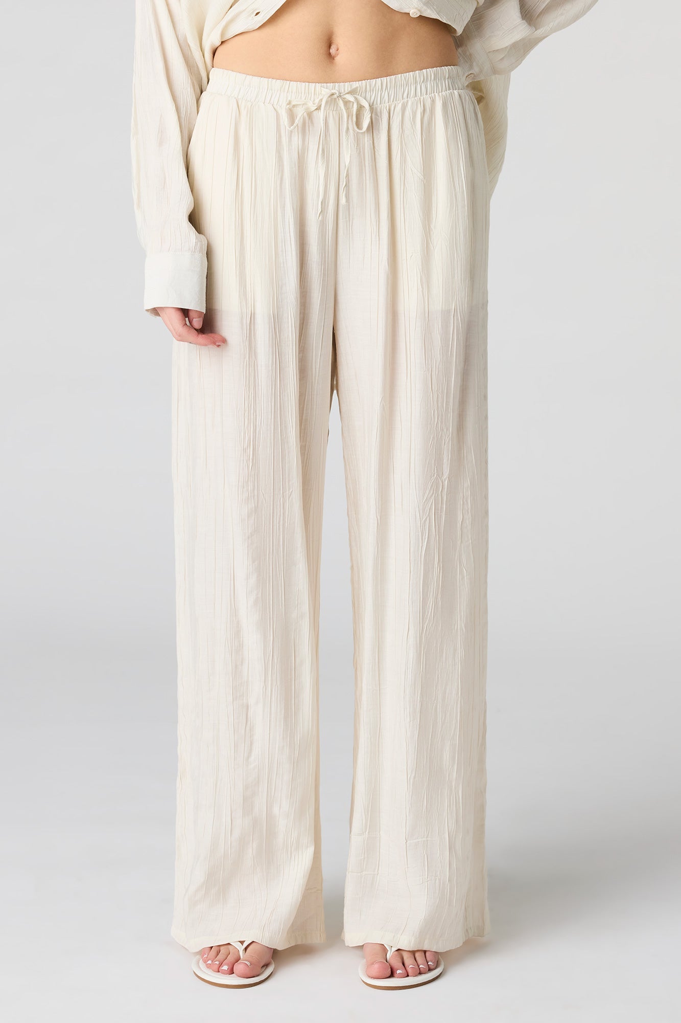 Textured Drawstring Flowy Wide Leg Pant