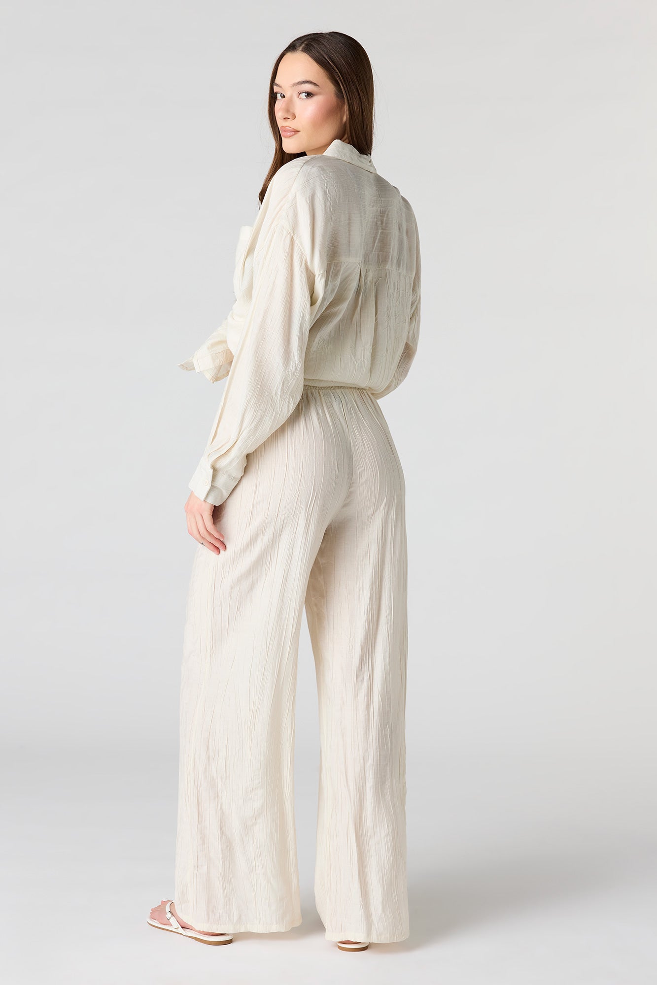 Textured Drawstring Flowy Wide Leg Pant