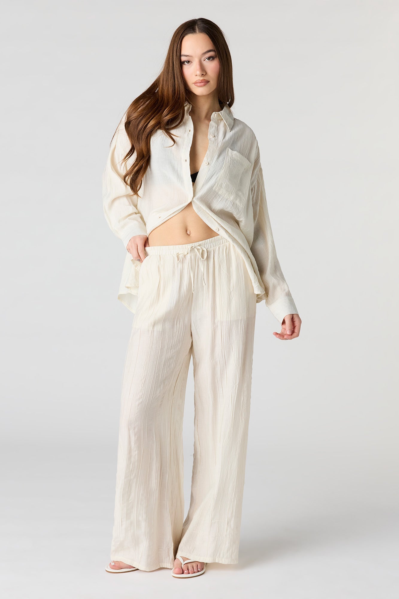 Textured Drawstring Flowy Wide Leg Pant