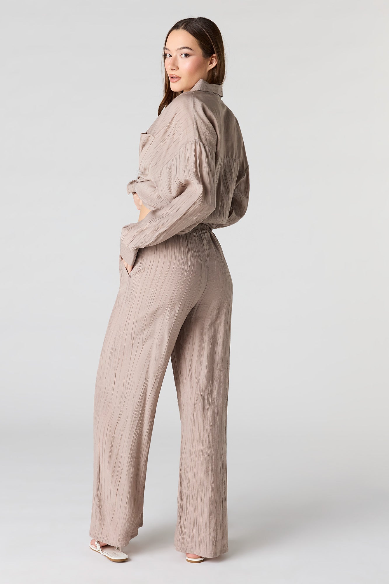 Textured Drawstring Flowy Wide Leg Pant