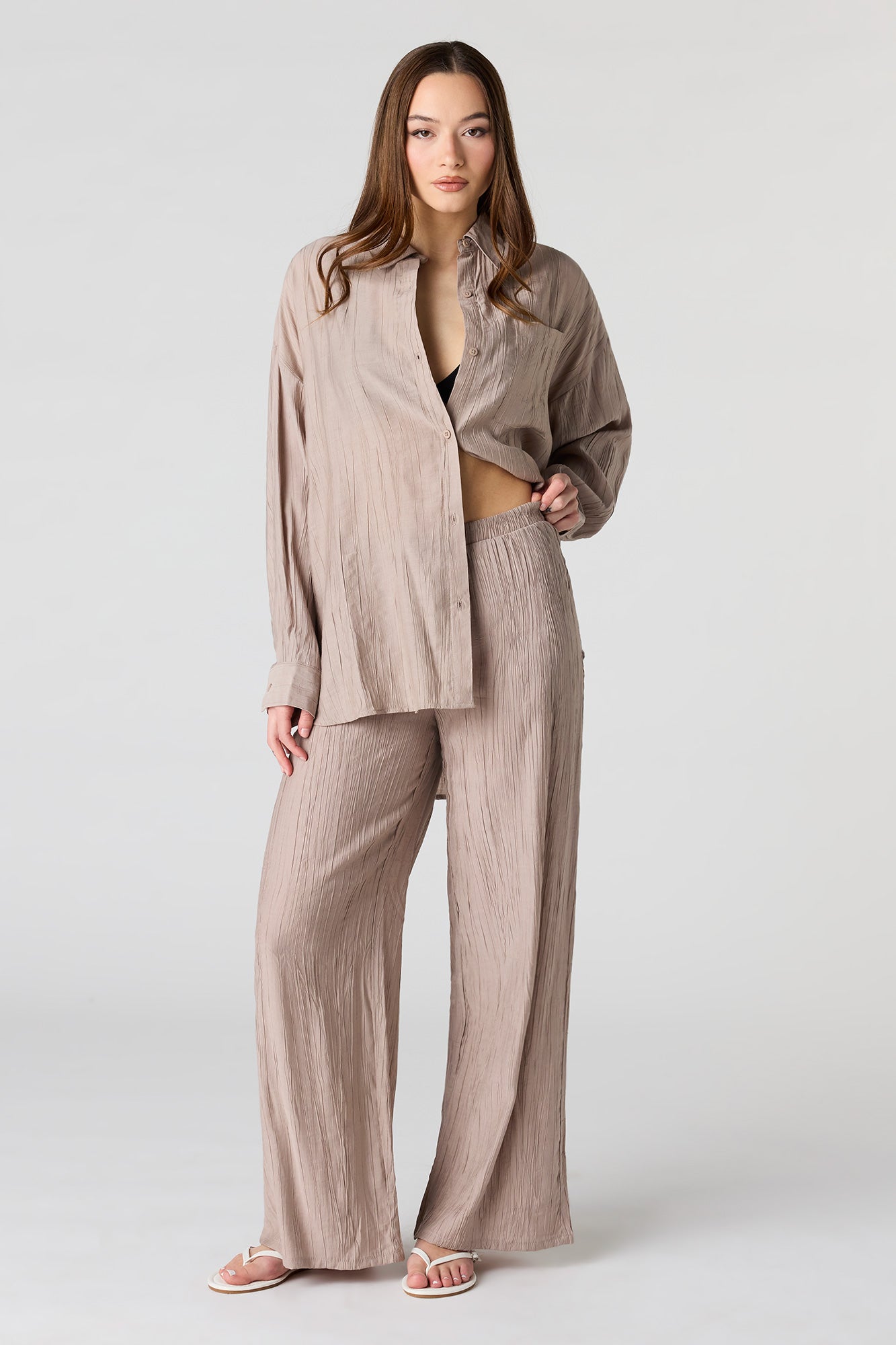 Textured Drawstring Flowy Wide Leg Pant