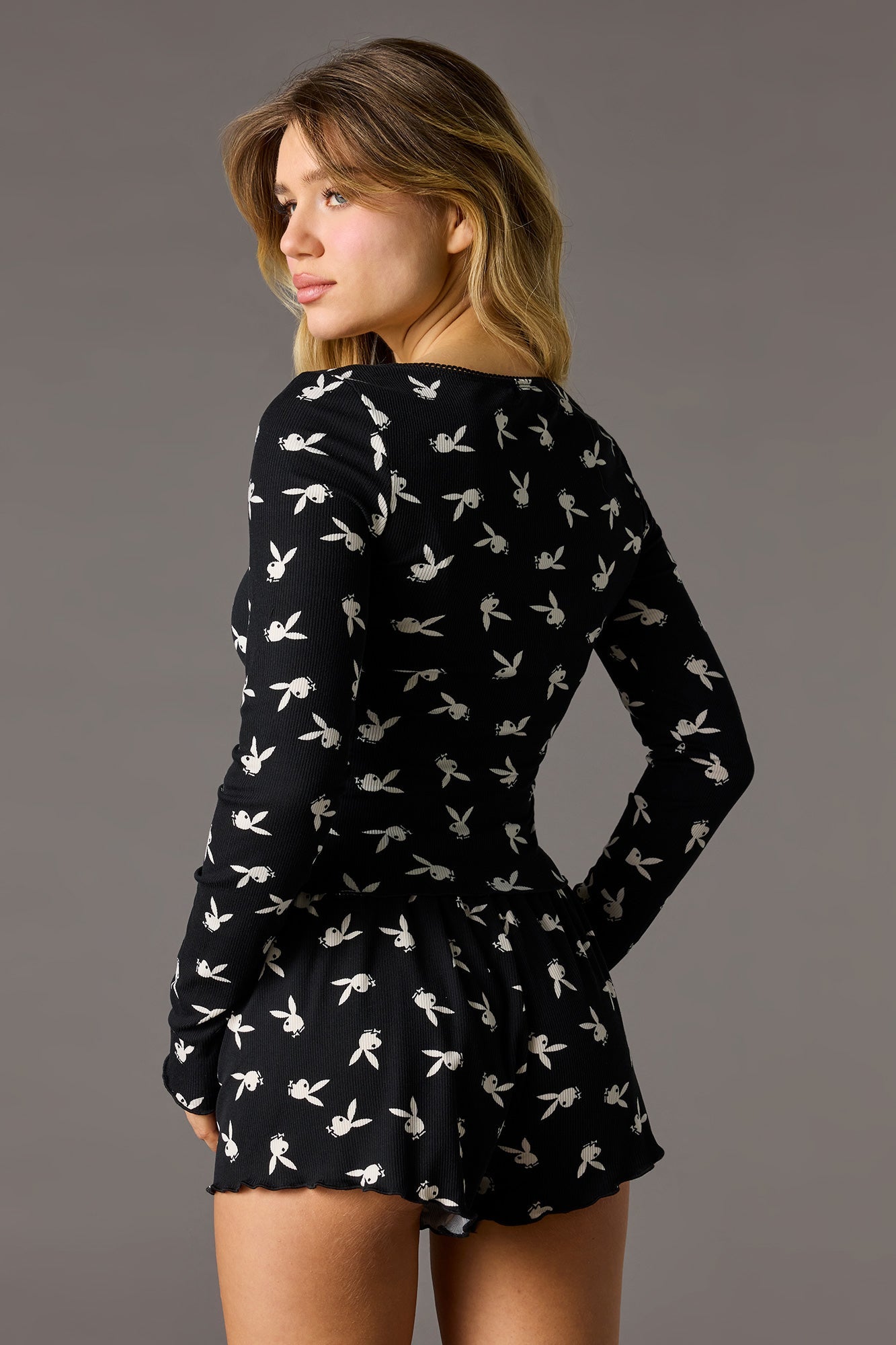 Playboy Ribbed Long Sleeve Top & Short Pajama Set