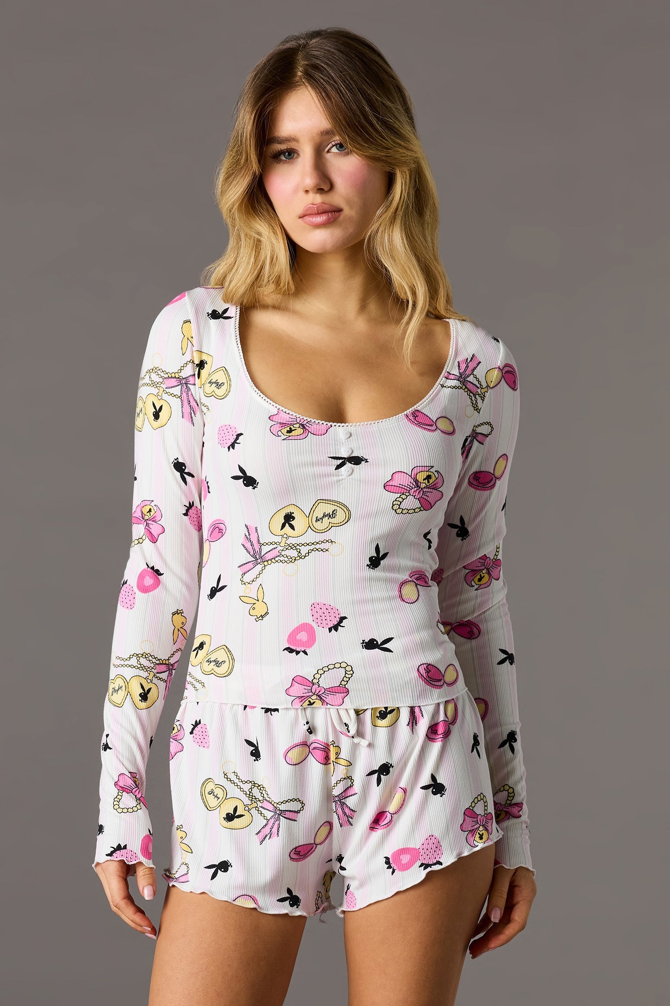 Playboy Ribbed Long Sleeve Top & Short Pajama Set