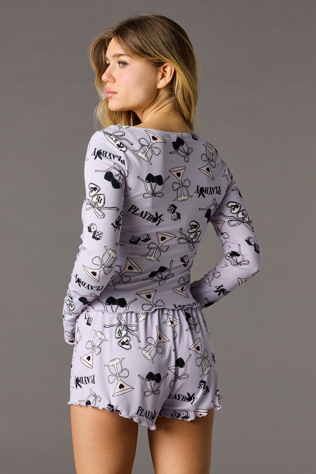 Playboy Ribbed Long Sleeve Top & Short Pajama Set
