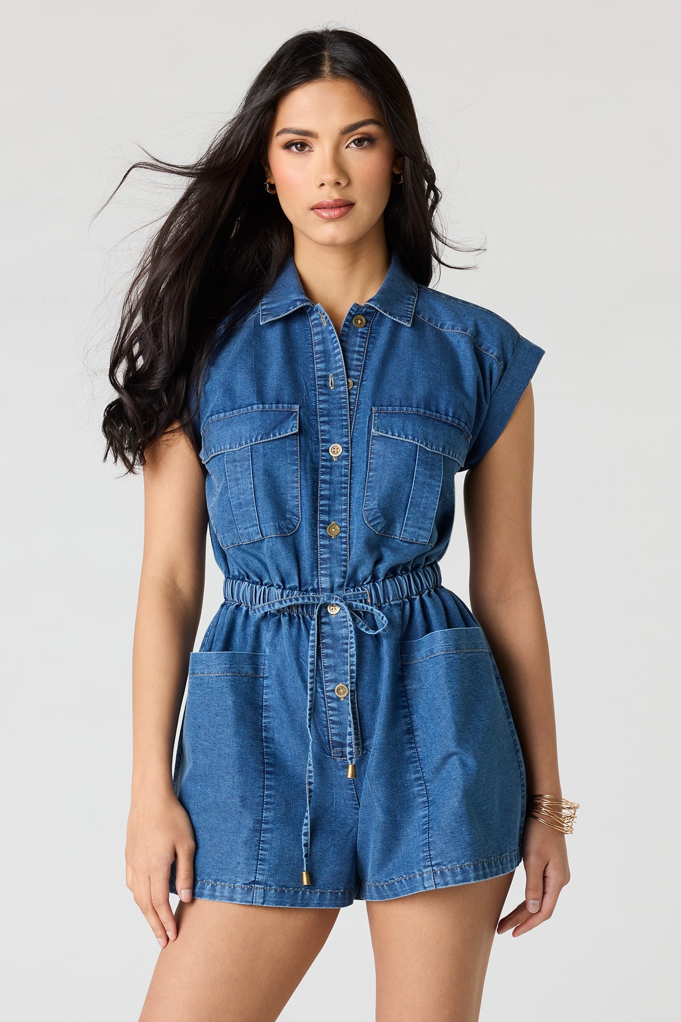 Denim Button Front Tie Waist Romper