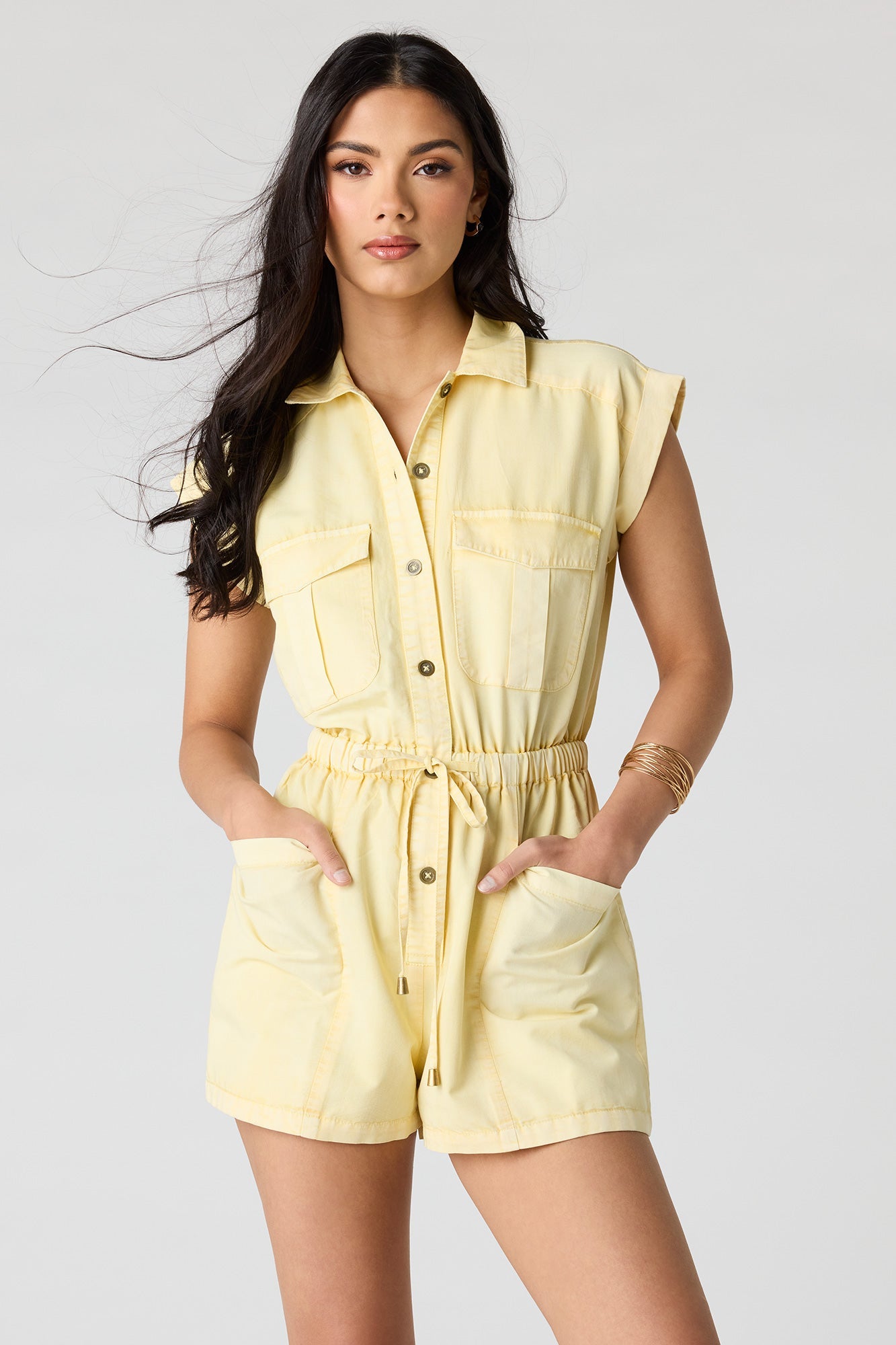 Denim Button Front Tie Waist Romper