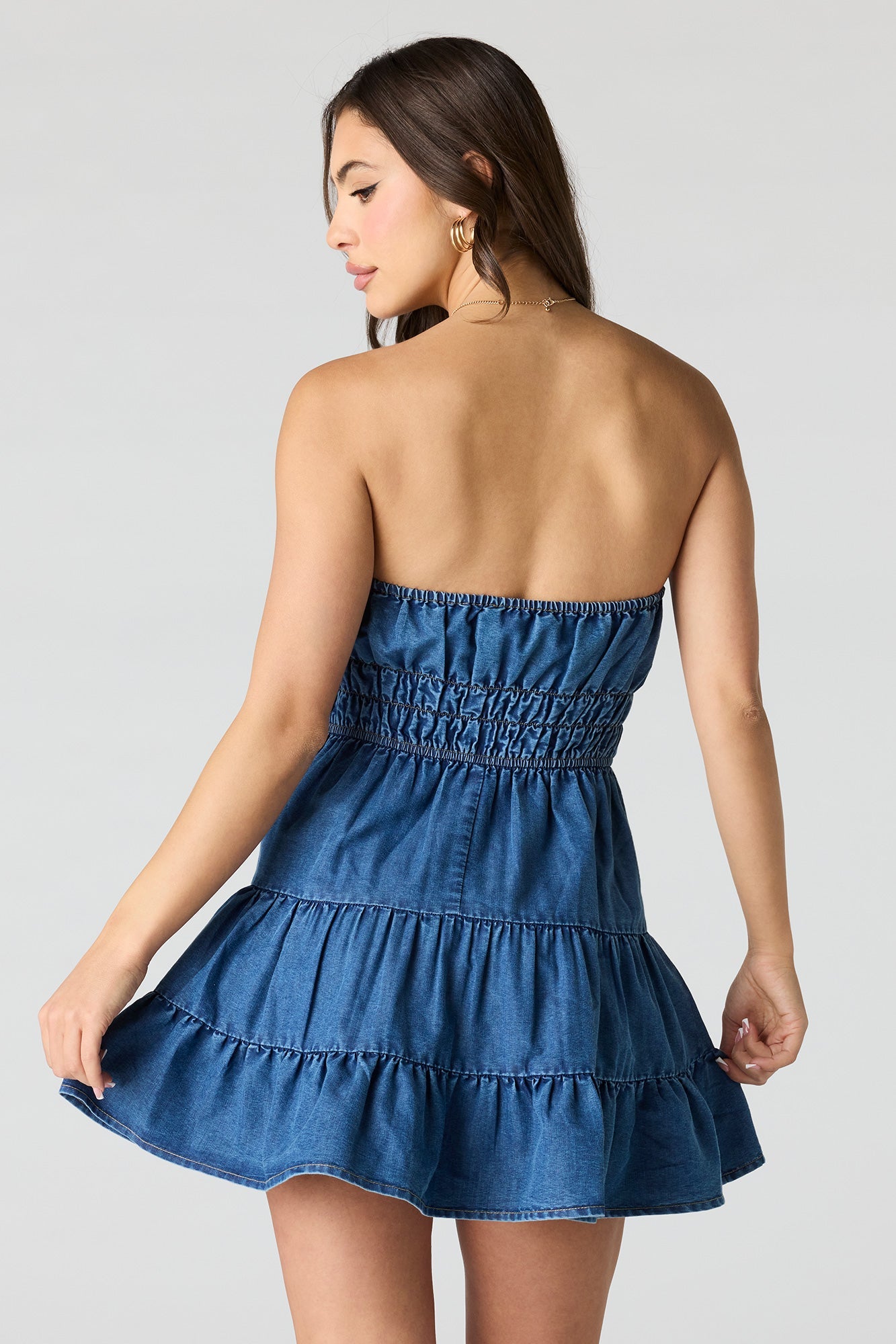 Denim Tiered Mini Tube Romper Dress