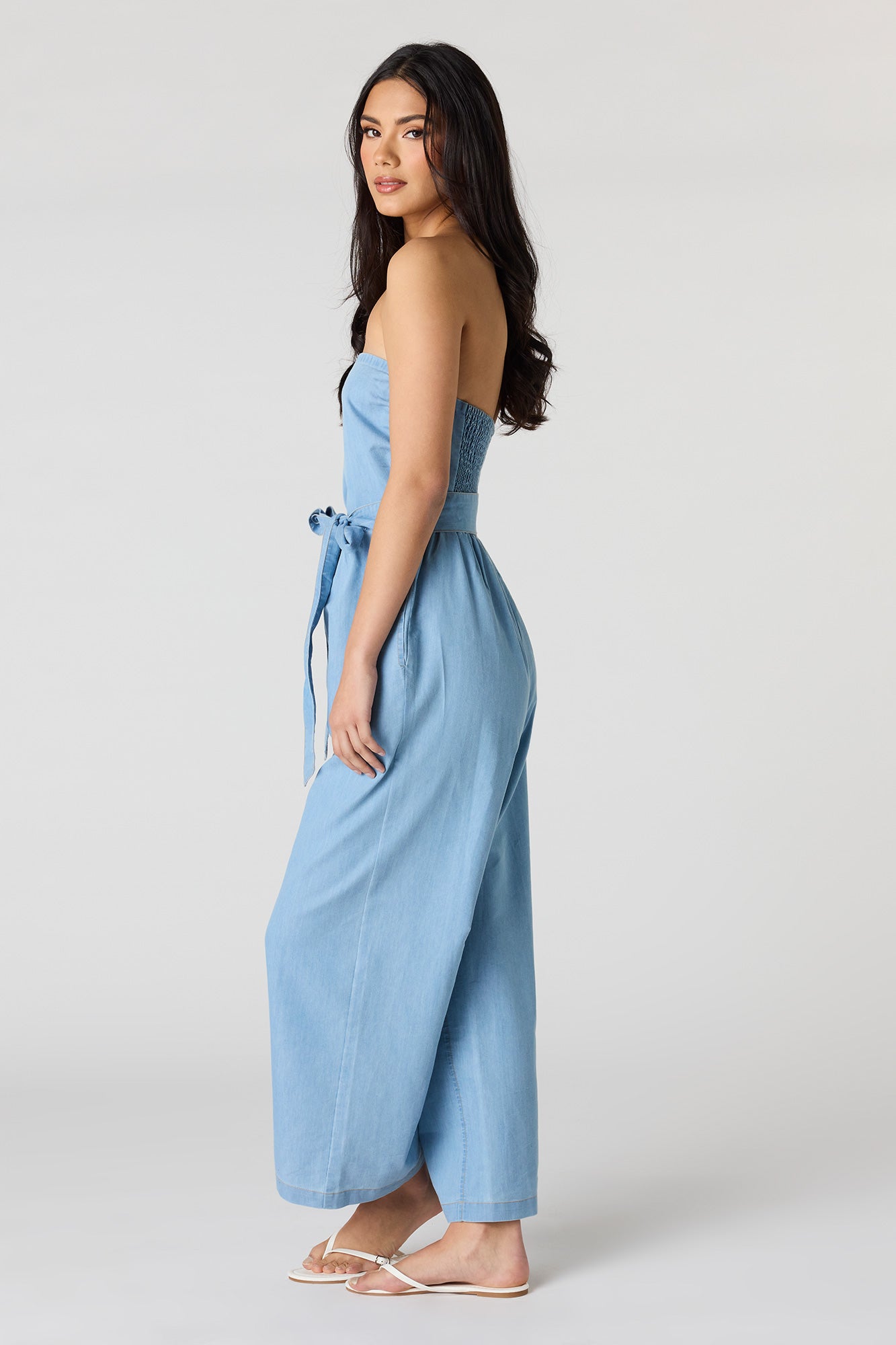 Denim Belted Strapless Jumpsuit