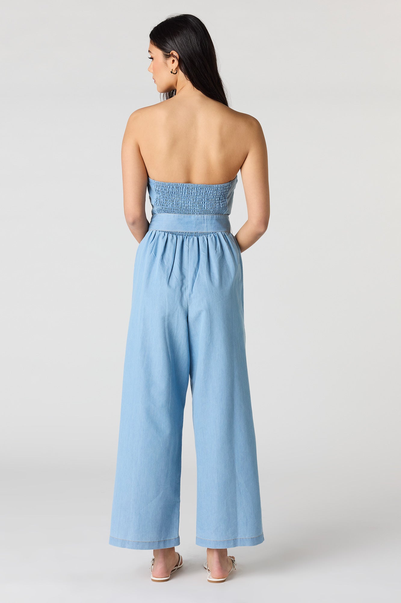 Denim Belted Strapless Jumpsuit