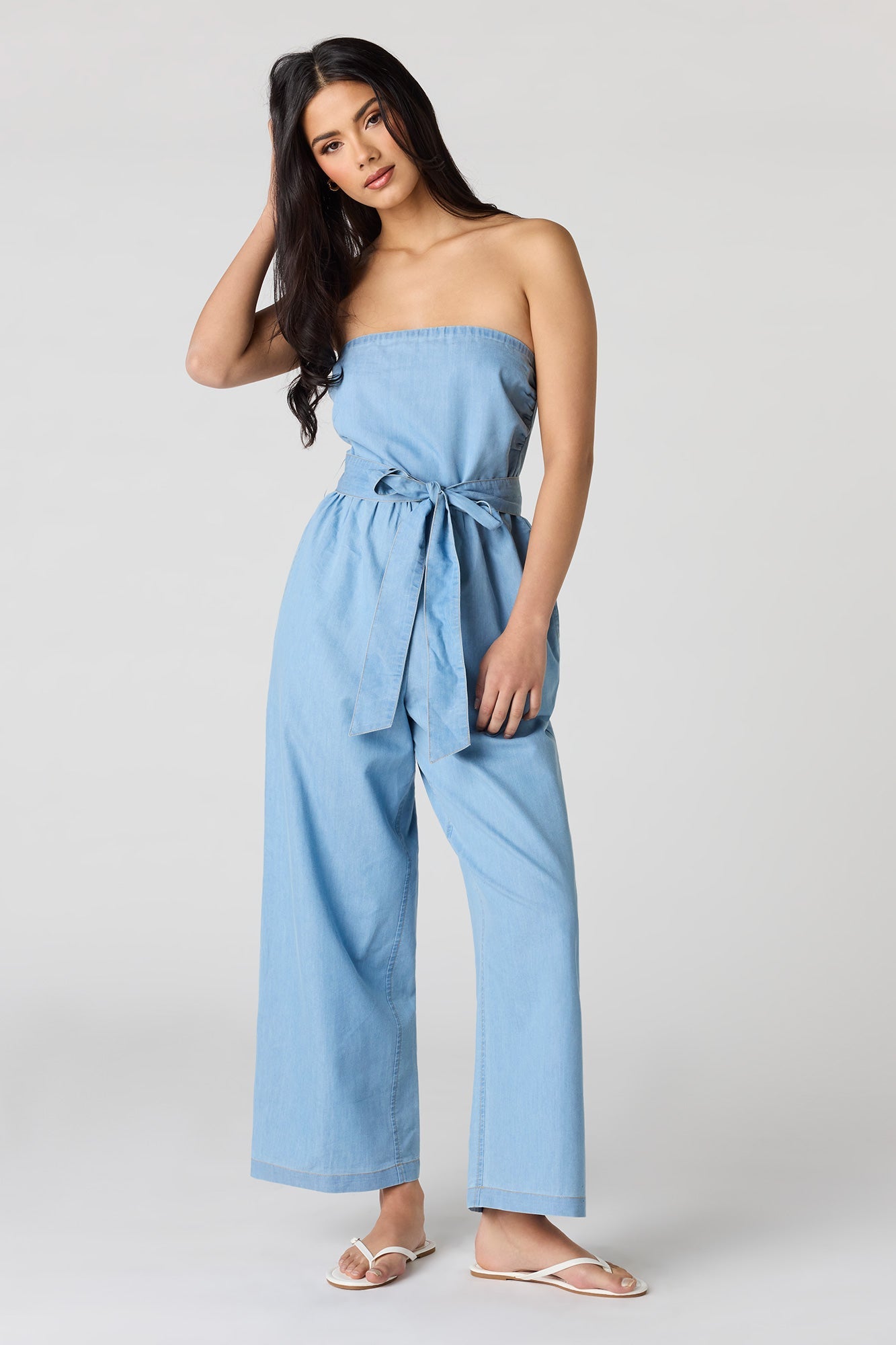 Denim Belted Strapless Jumpsuit