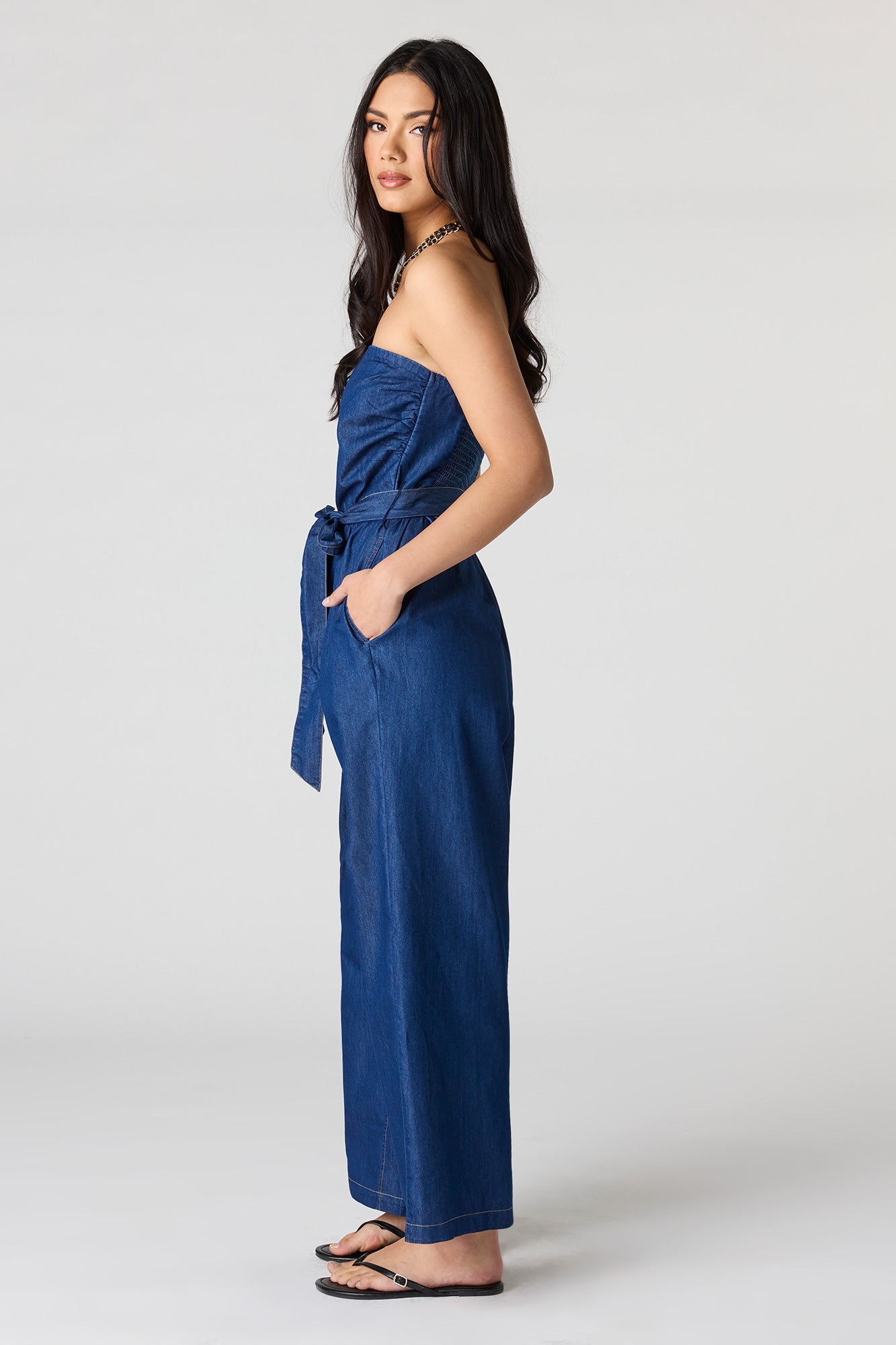 Denim Belted Strapless Jumpsuit