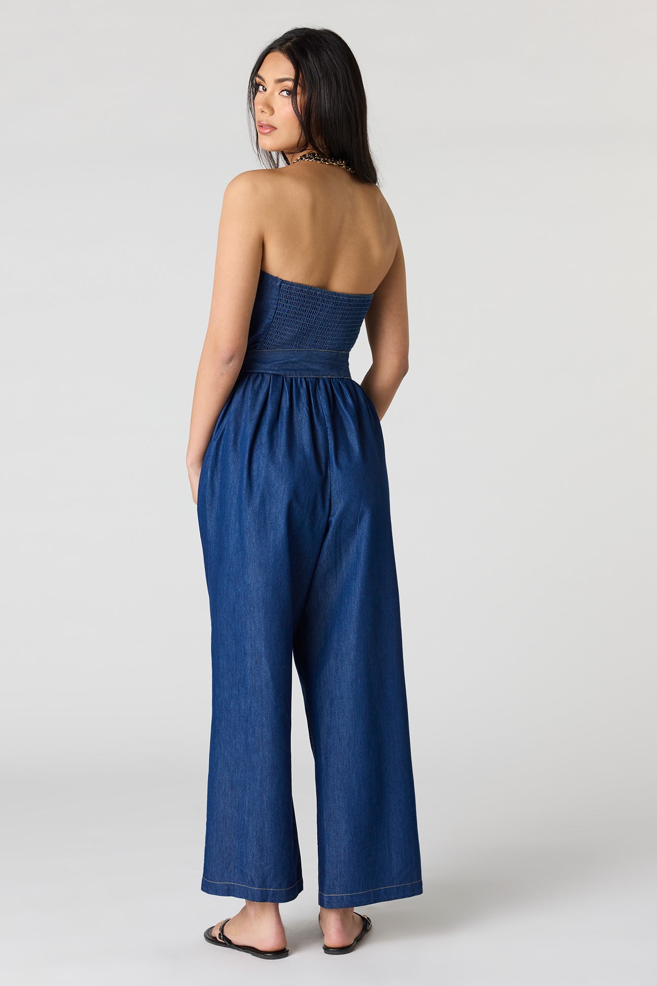 Denim Belted Strapless Jumpsuit