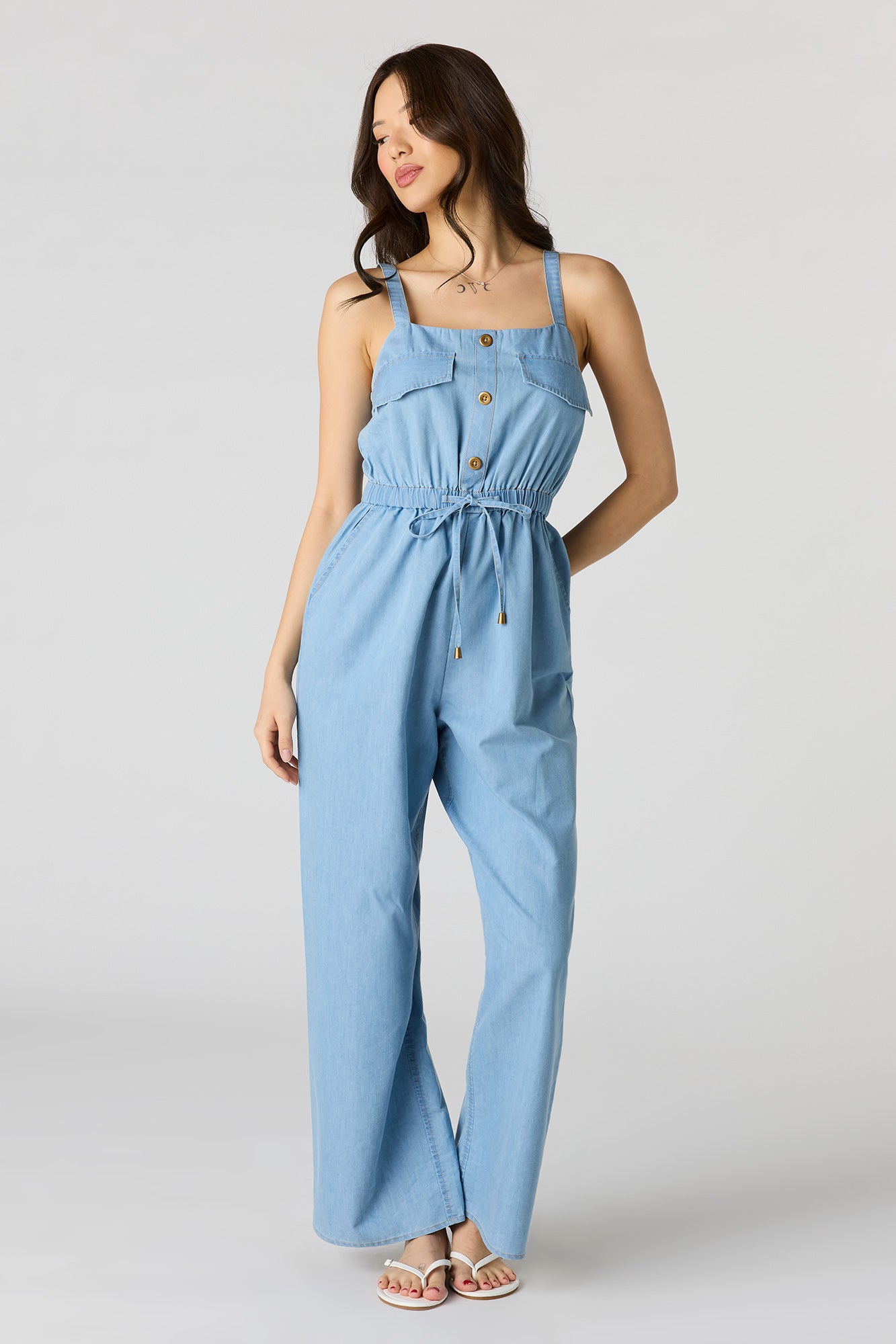 Denim Button Front Jumpsuit