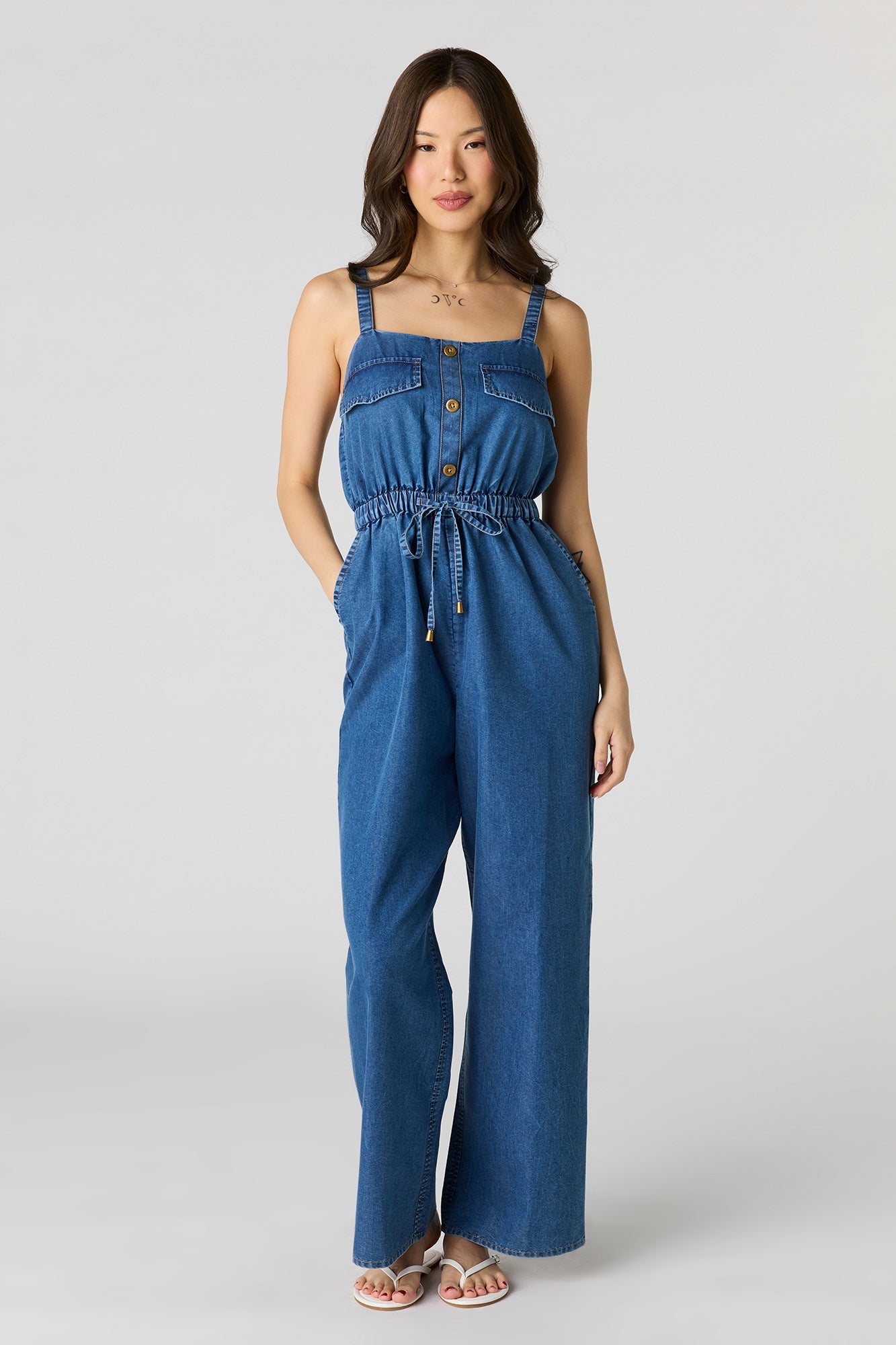 Denim Button Front Jumpsuit