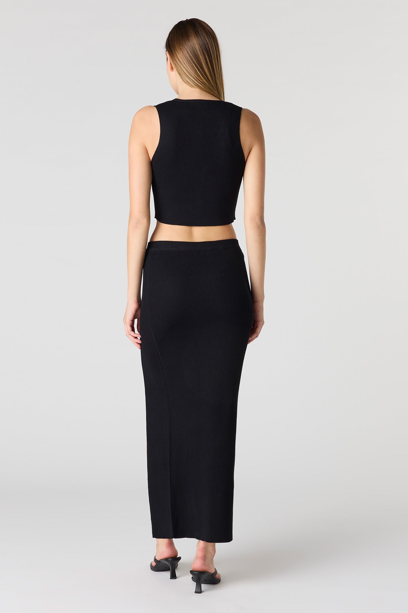 Ribbed Knit Slit Midi Skirt