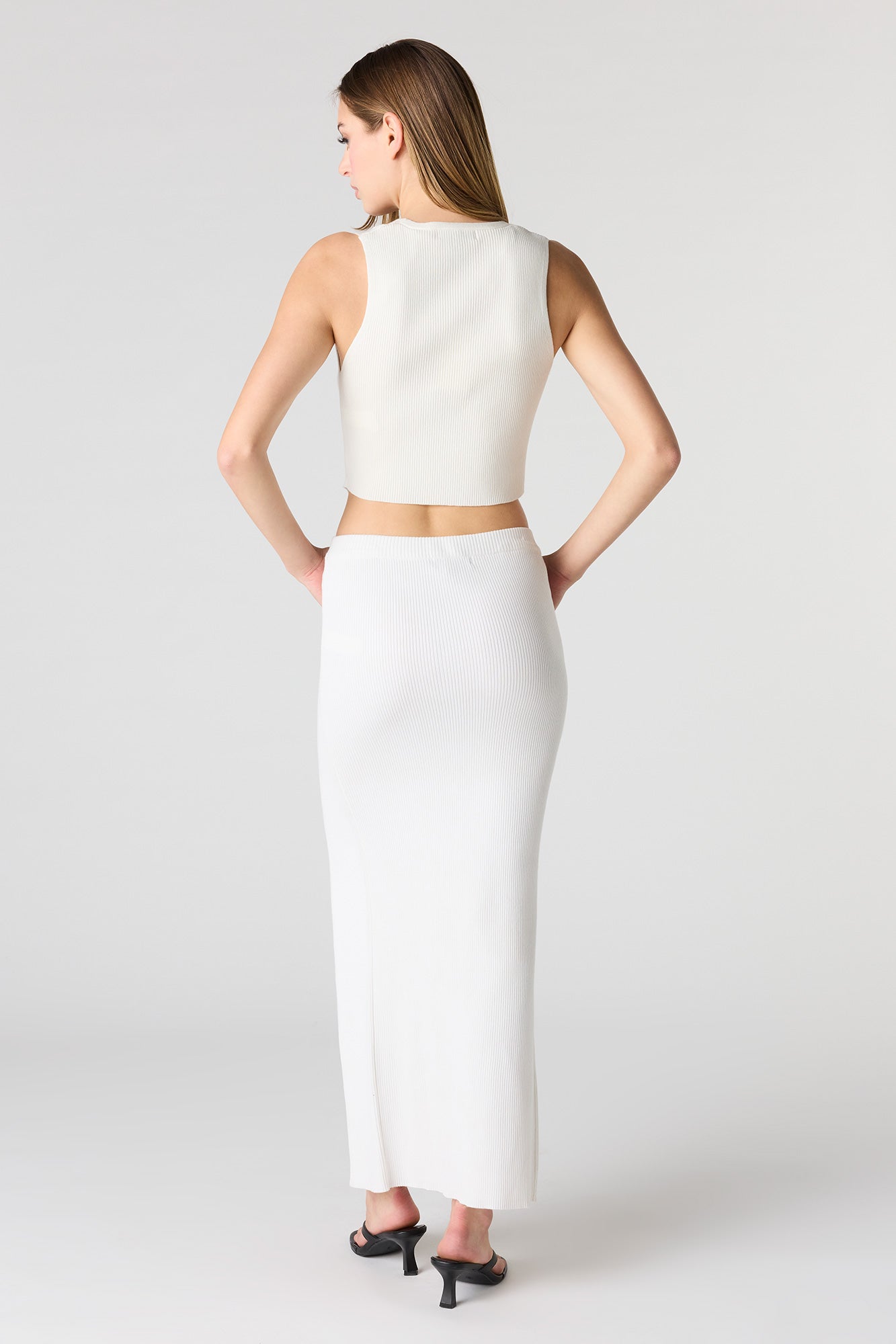 Ribbed Knit Slit Midi Skirt
