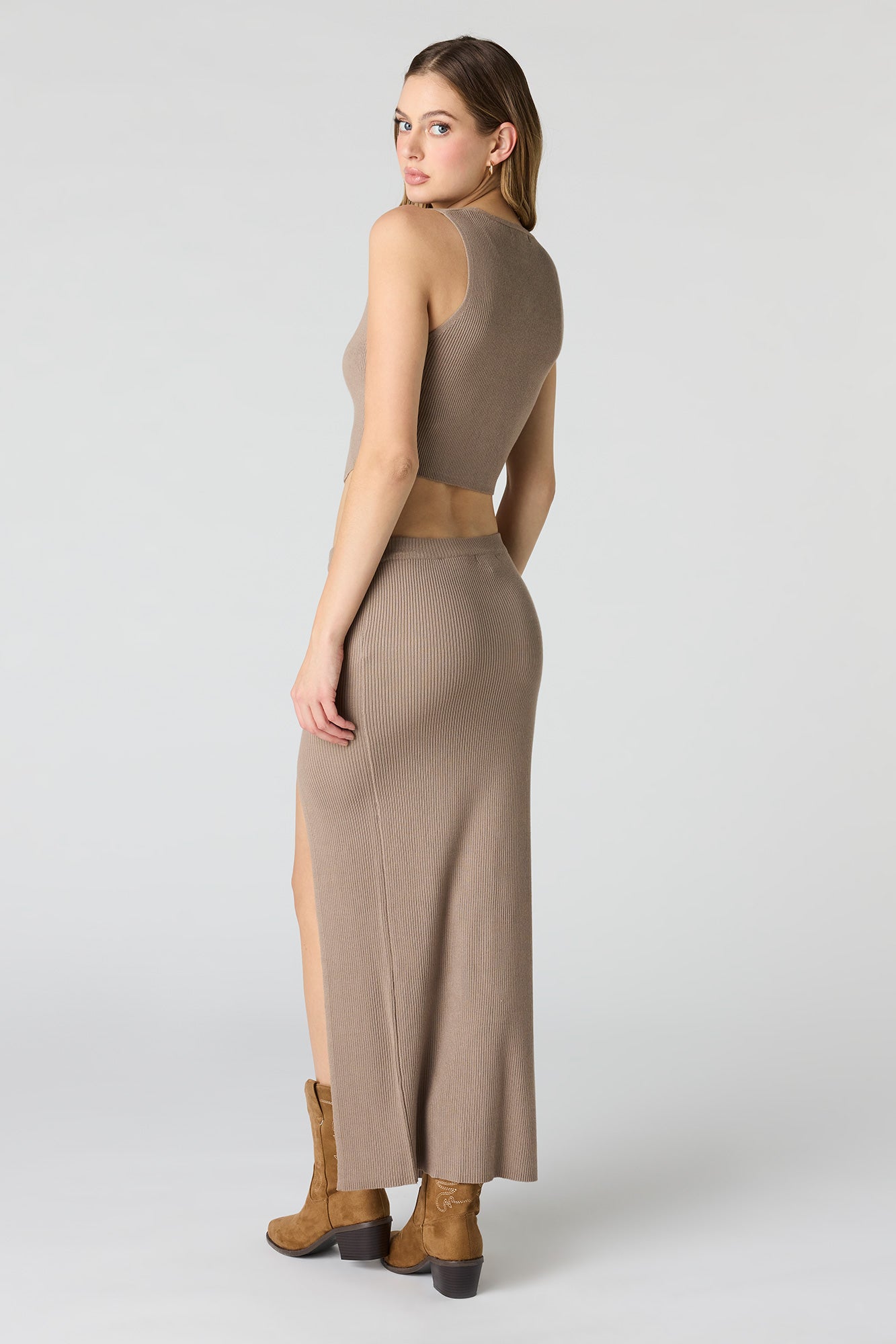 Ribbed Knit Slit Midi Skirt