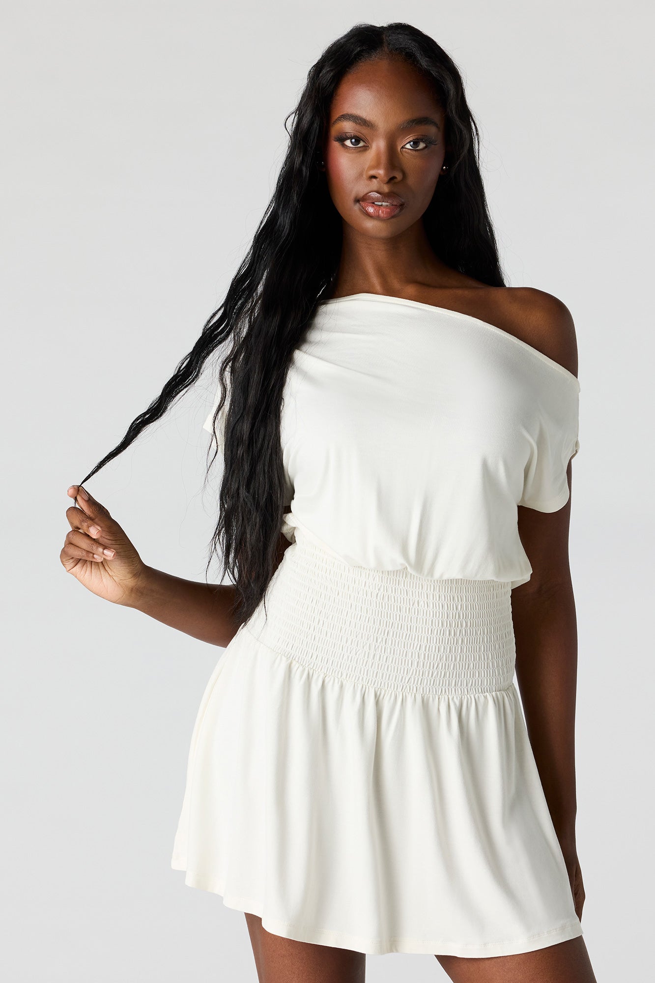 Off-Shoulder Smocked Waist Mini Dress