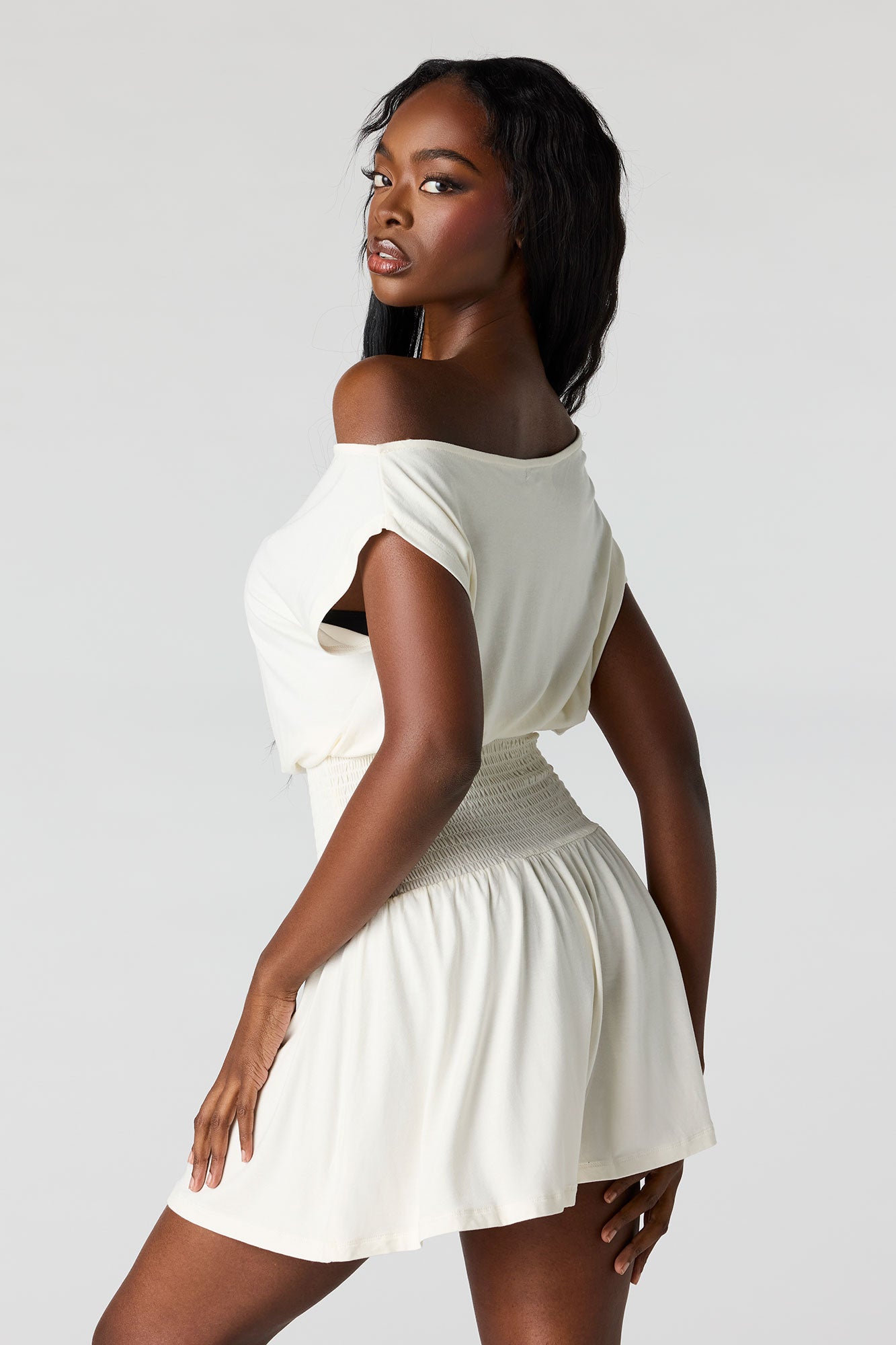 Off-Shoulder Smocked Waist Mini Dress