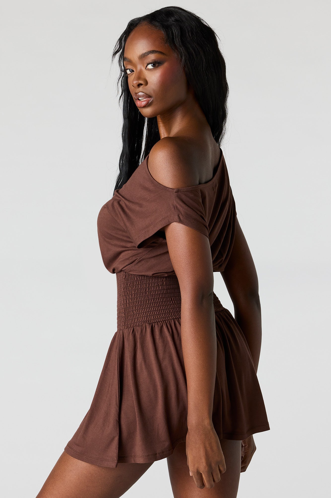 Off-Shoulder Smocked Waist Mini Dress