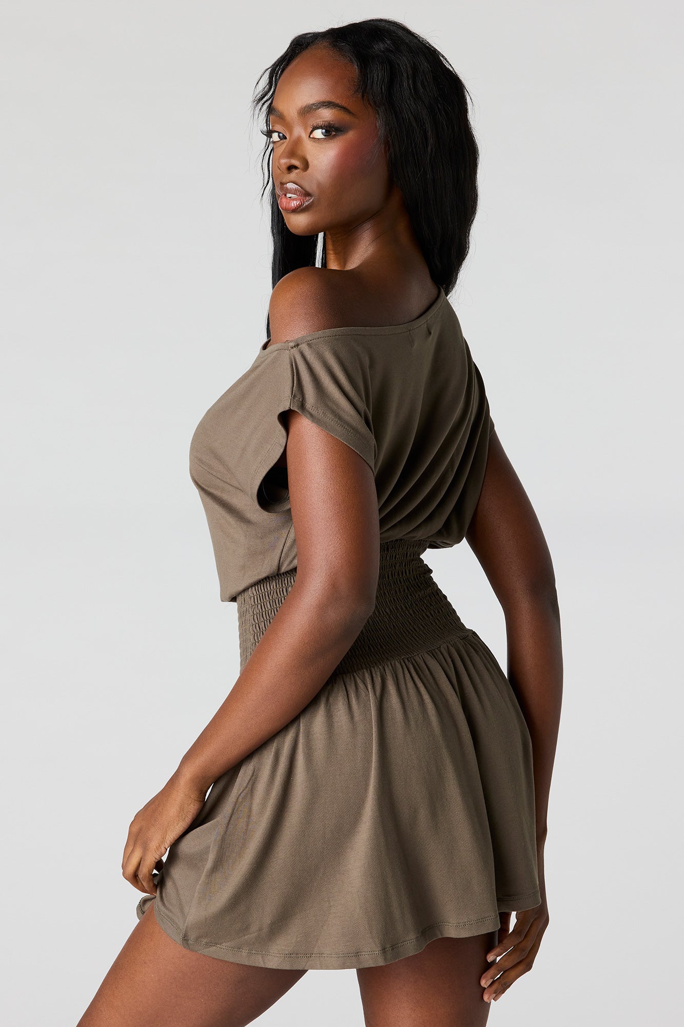 Off-Shoulder Smocked Waist Mini Dress