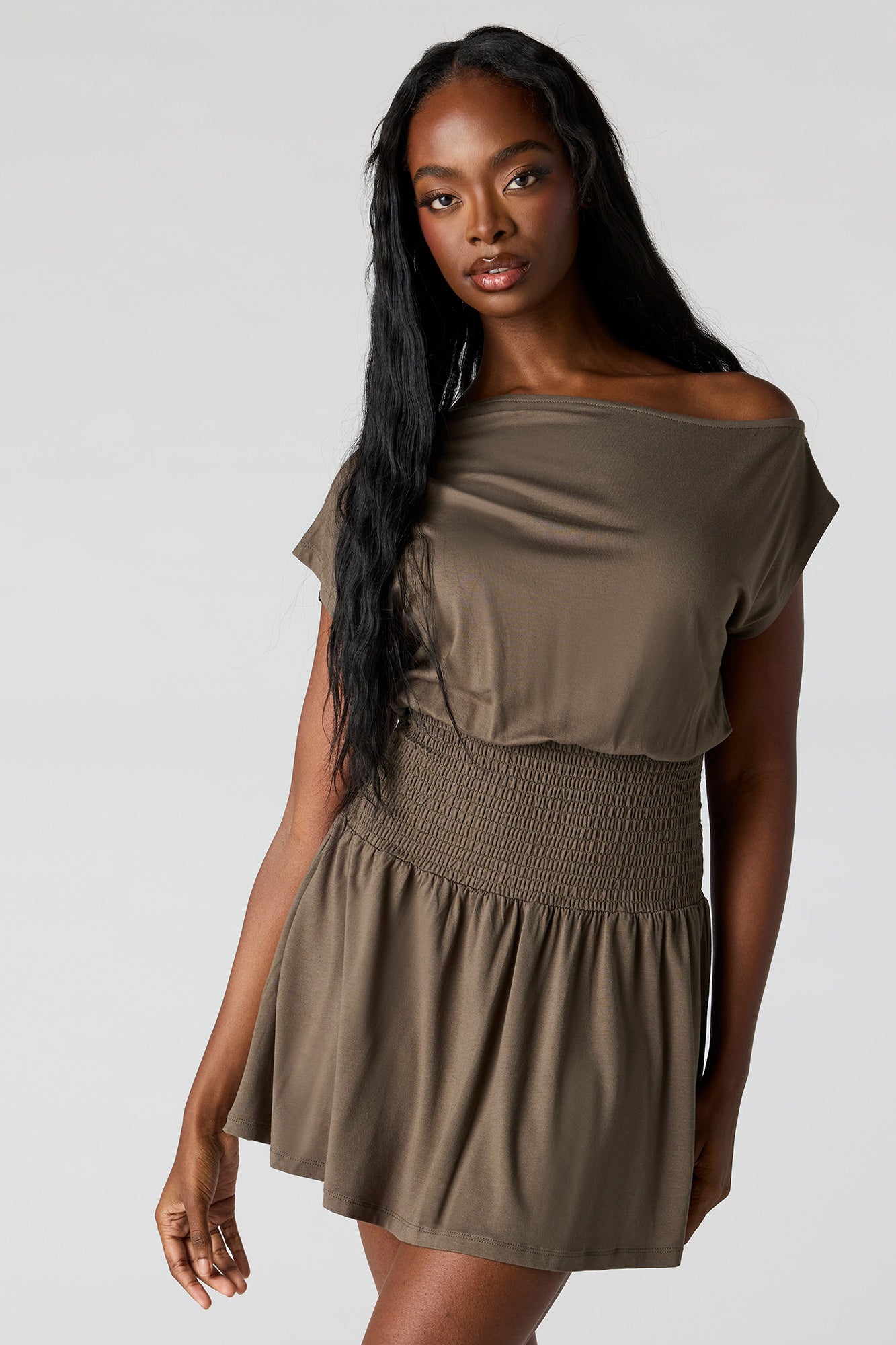 Off-Shoulder Smocked Waist Mini Dress