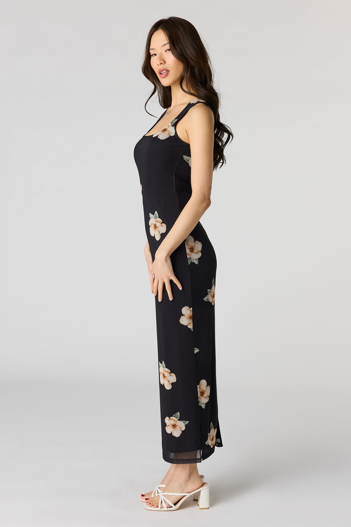 Floral Mesh Square Neck Maxi Dress