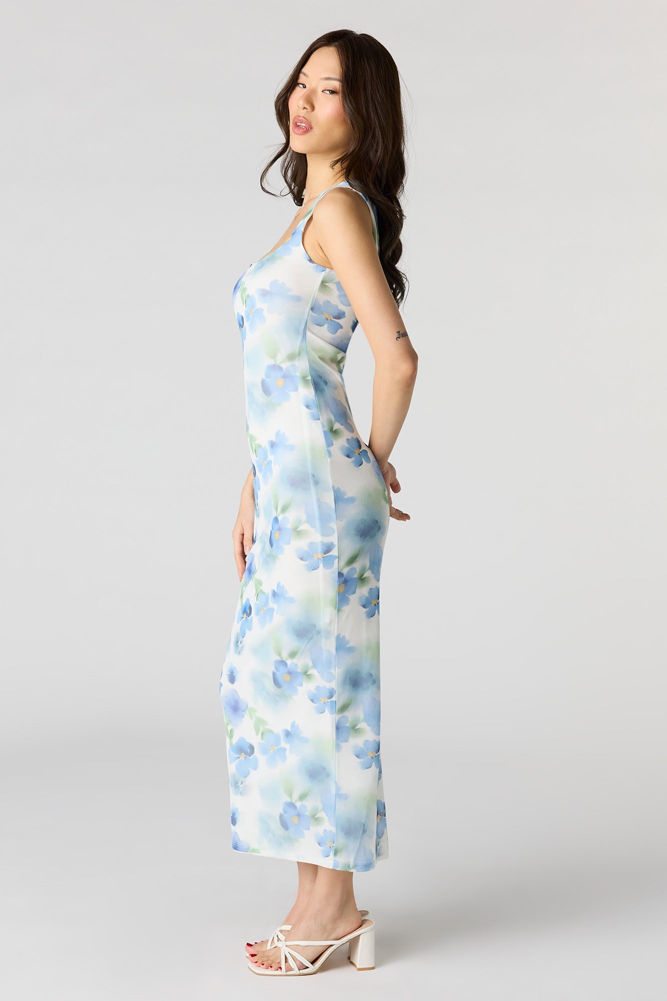 Floral Mesh Square Neck Maxi Dress